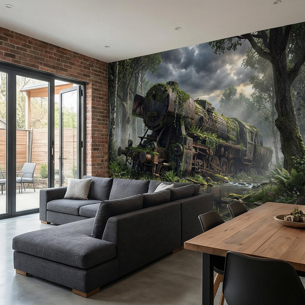 Abandoned Train Peel and Stick Wall Mural, Overgrown Forest Locomotive, Mossy Woodland Scenic Wallpaper