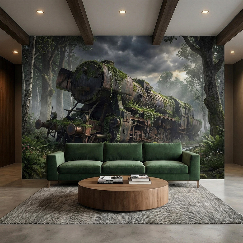 Abandoned Train Peel and Stick Wall Mural, Overgrown Forest Locomotive, Mossy Woodland Scenic Wallpaper