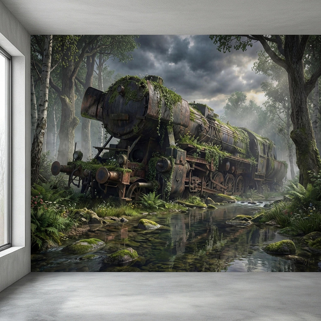 Abandoned Train Peel and Stick Wall Mural, Overgrown Forest Locomotive, Mossy Woodland Scenic Wallpaper