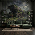 Abandoned Train Peel and Stick Wall Mural, Overgrown Forest Locomotive, Mossy Woodland Scenic Wallpaper