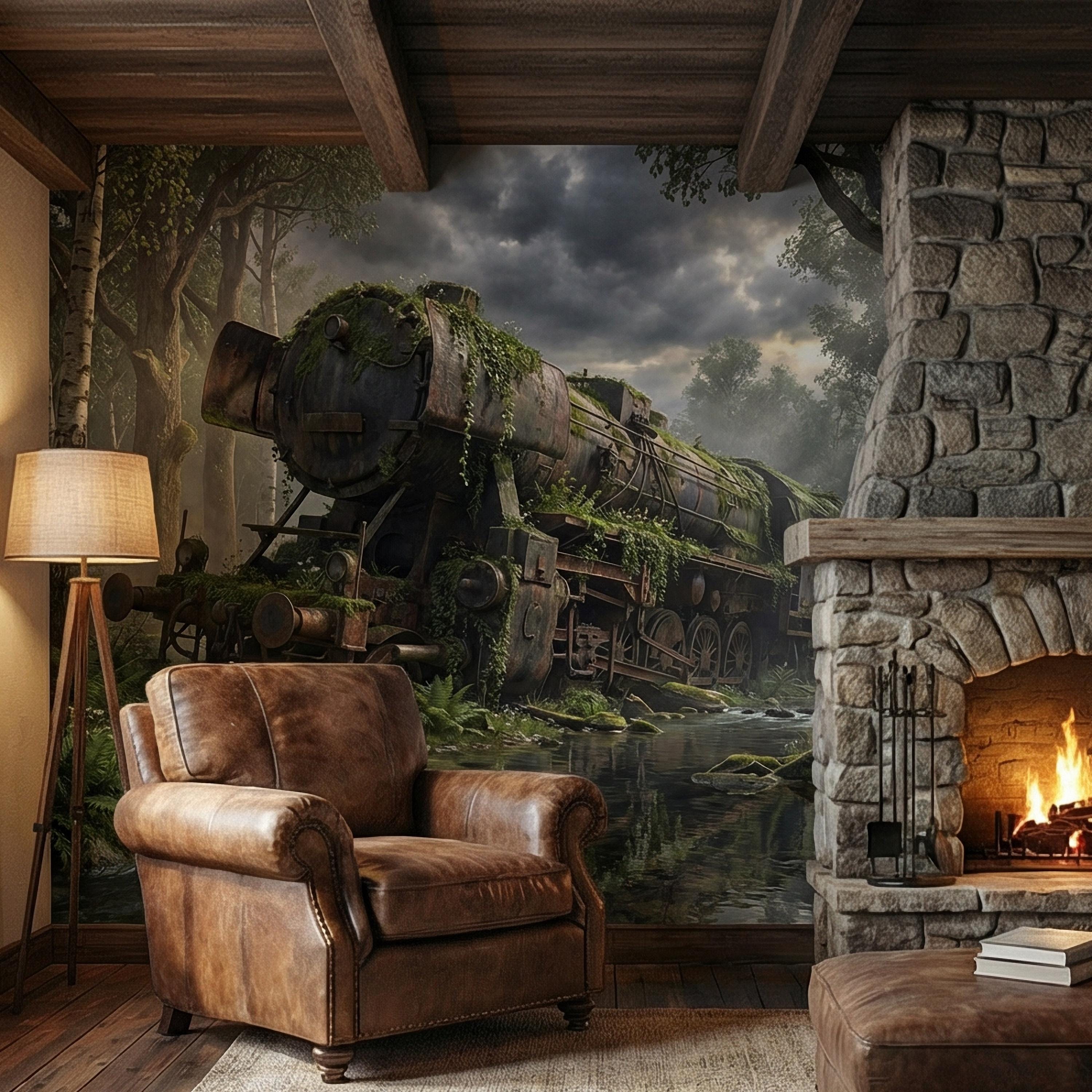 Abandoned Train Peel and Stick Wall Mural, Overgrown Forest Locomotive, Mossy Woodland Scenic Wallpaper