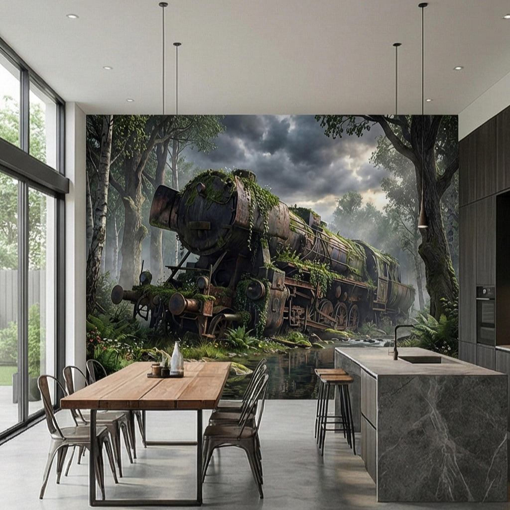 Abandoned Train Peel and Stick Wall Mural, Overgrown Forest Locomotive, Mossy Woodland Scenic Wallpaper