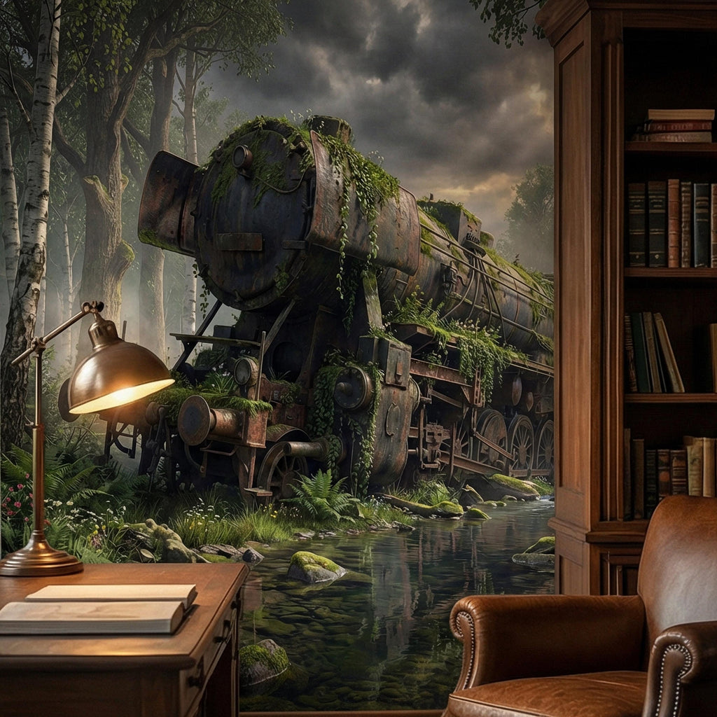 Abandoned Train Peel and Stick Wall Mural, Overgrown Forest Locomotive, Mossy Woodland Scenic Wallpaper