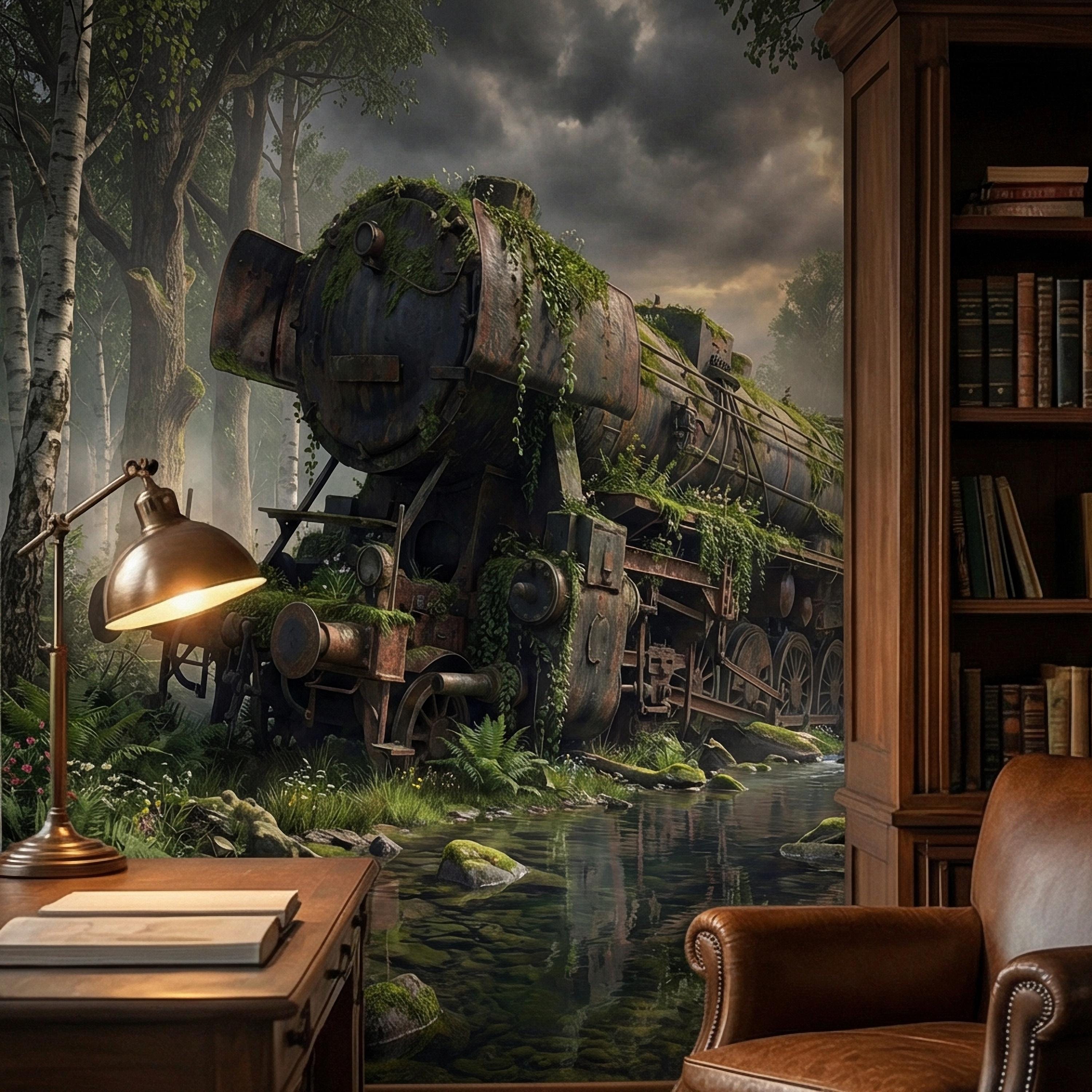 Abandoned Train Peel and Stick Wall Mural, Overgrown Forest Locomotive, Mossy Woodland Scenic Wallpaper