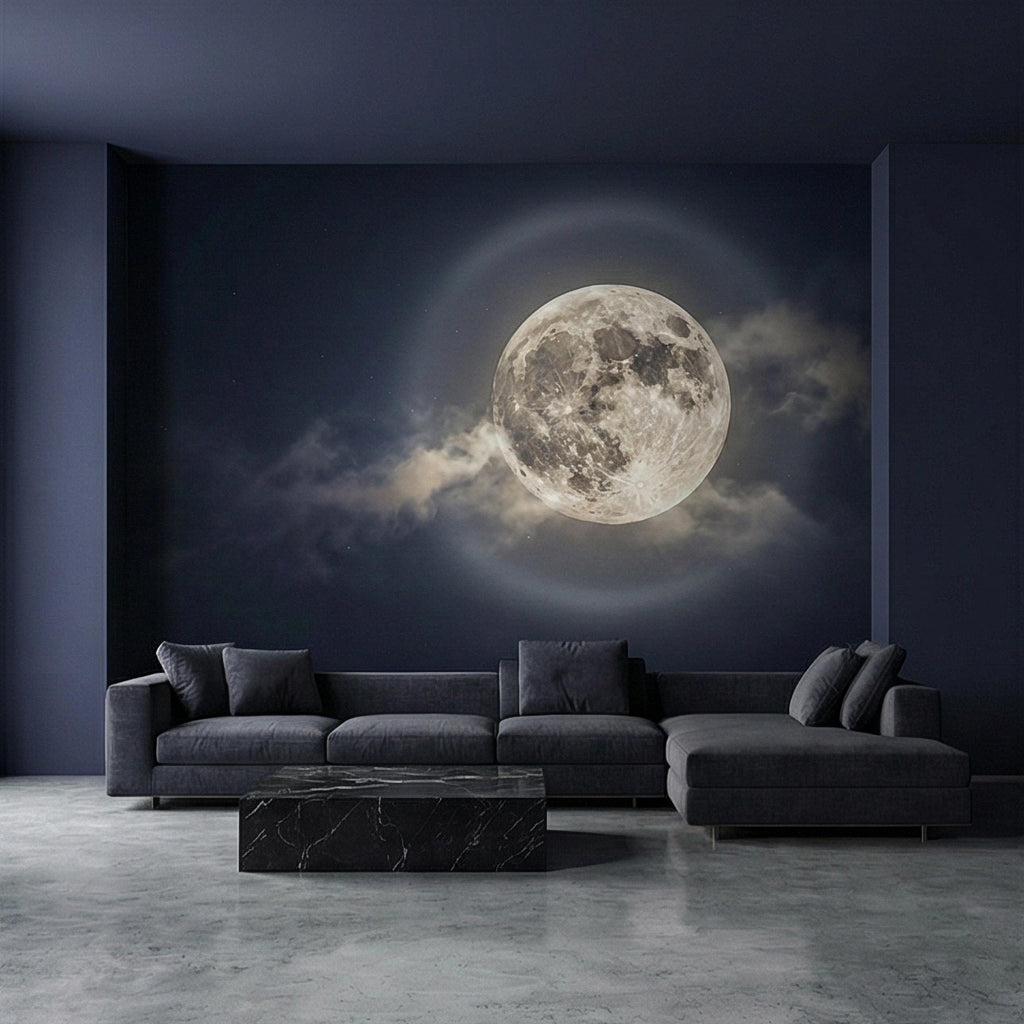 Full Moon Peel and Stick Wall Mural, Celestial Night Sky, Large Glowing Moon Cloudscape, Dark Cosmic Wallpaper