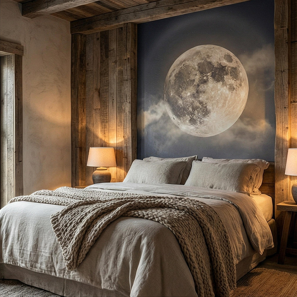 Full Moon Peel and Stick Wall Mural, Celestial Night Sky, Large Glowing Moon Cloudscape, Dark Cosmic Wallpaper
