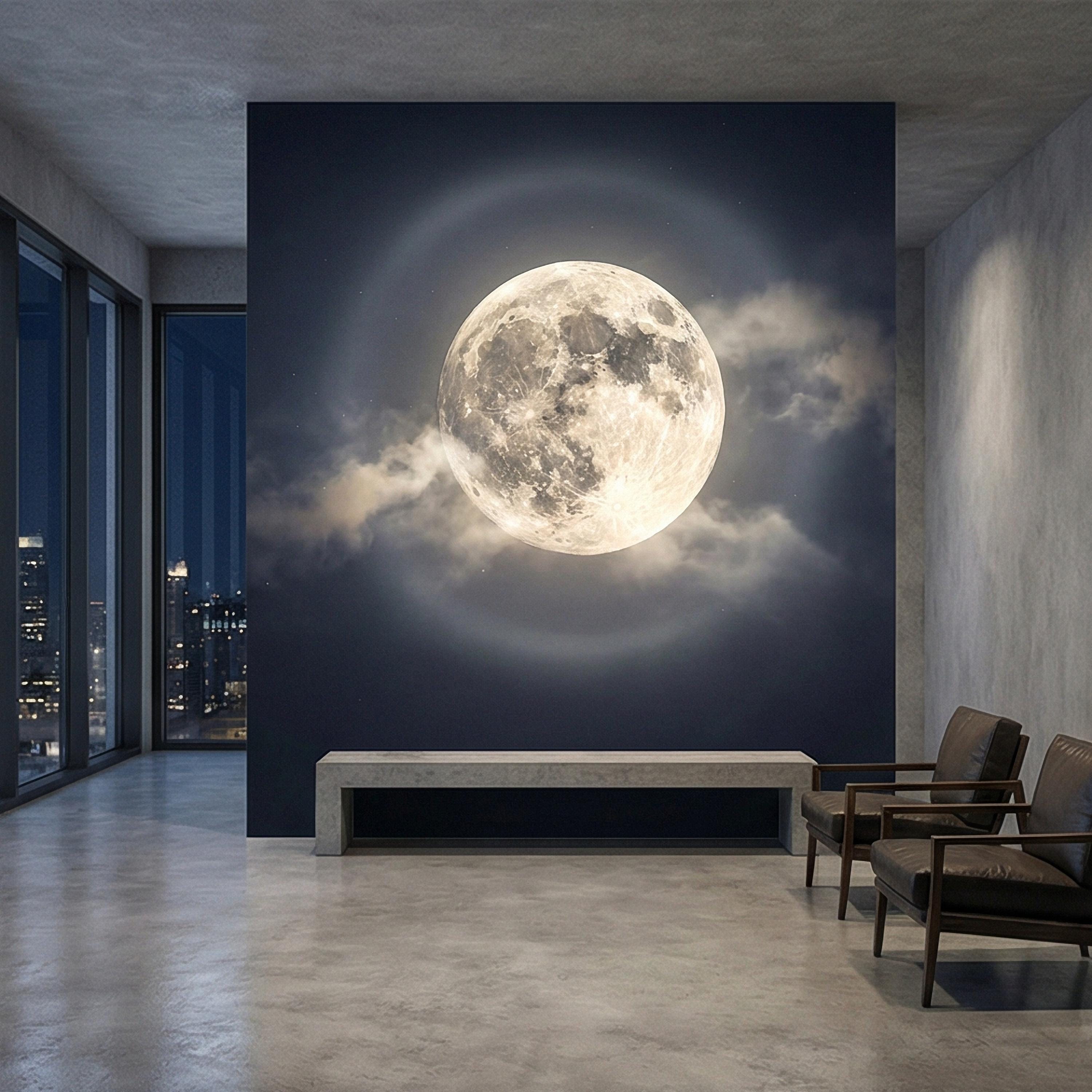 Full Moon Peel and Stick Wall Mural, Celestial Night Sky, Large Glowing Moon Cloudscape, Dark Cosmic Wallpaper