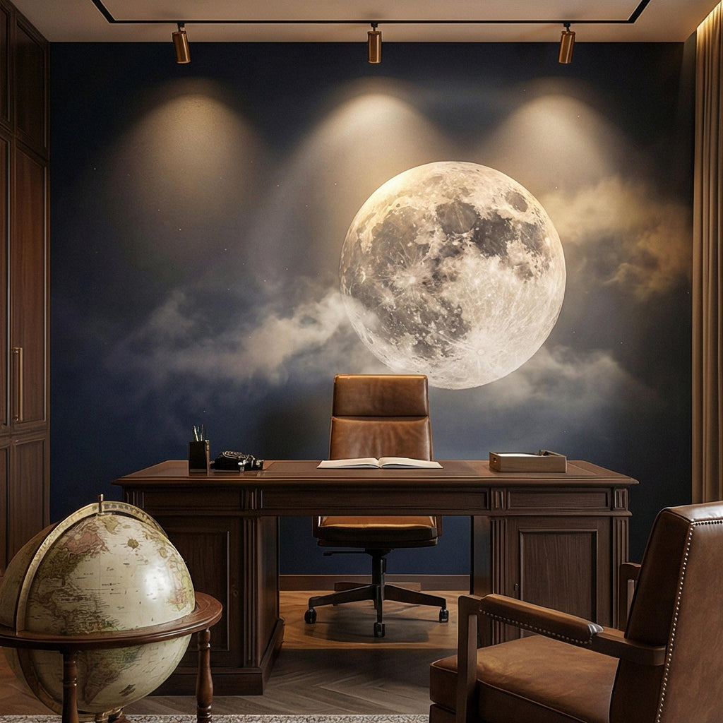 Full Moon Peel and Stick Wall Mural, Celestial Night Sky, Large Glowing Moon Cloudscape, Dark Cosmic Wallpaper