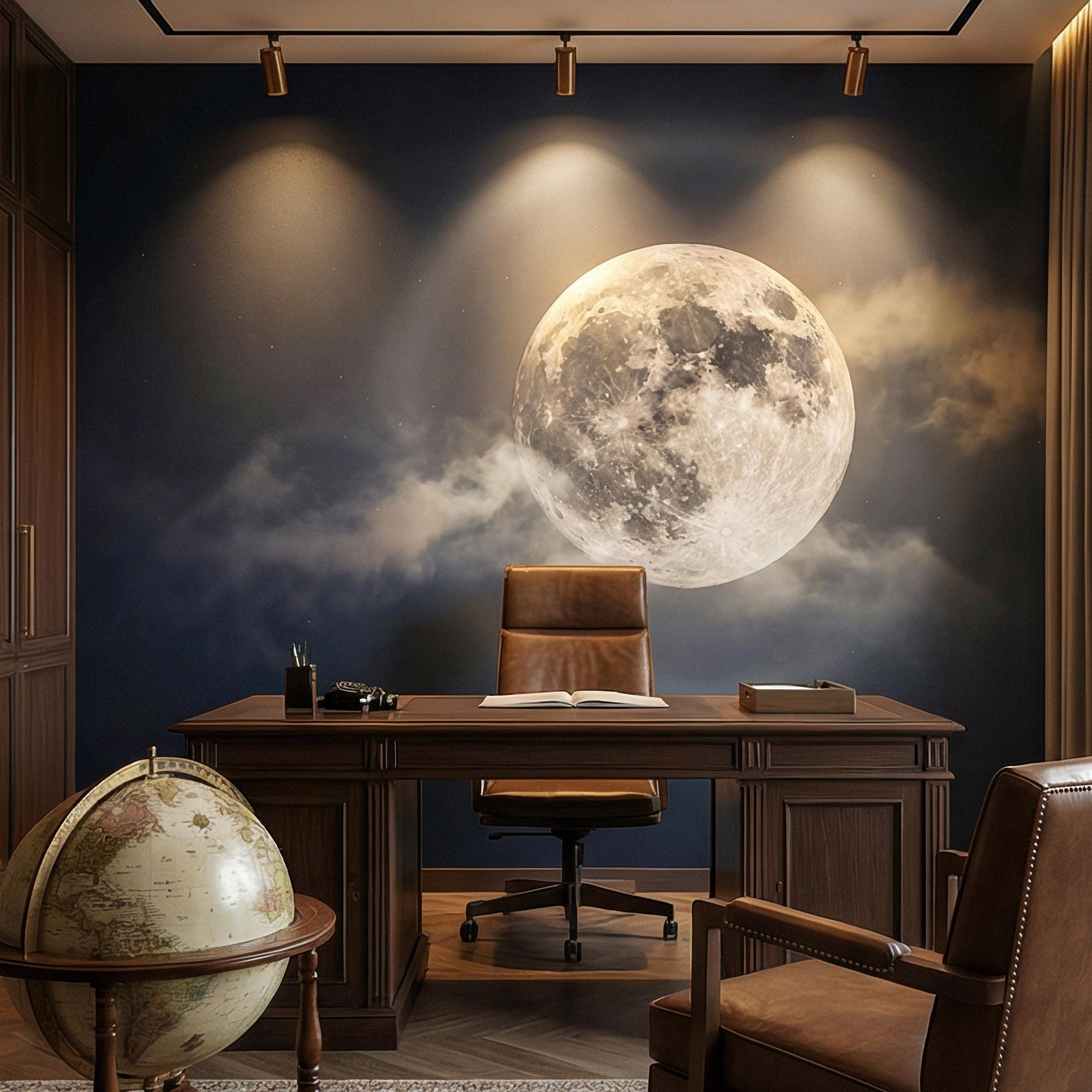 Full Moon Peel and Stick Wall Mural, Celestial Night Sky, Large Glowing Moon Cloudscape, Dark Cosmic Wallpaper