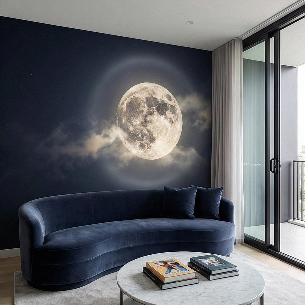 Full Moon Peel and Stick Wall Mural, Celestial Night Sky, Large Glowing Moon Cloudscape, Dark Cosmic Wallpaper