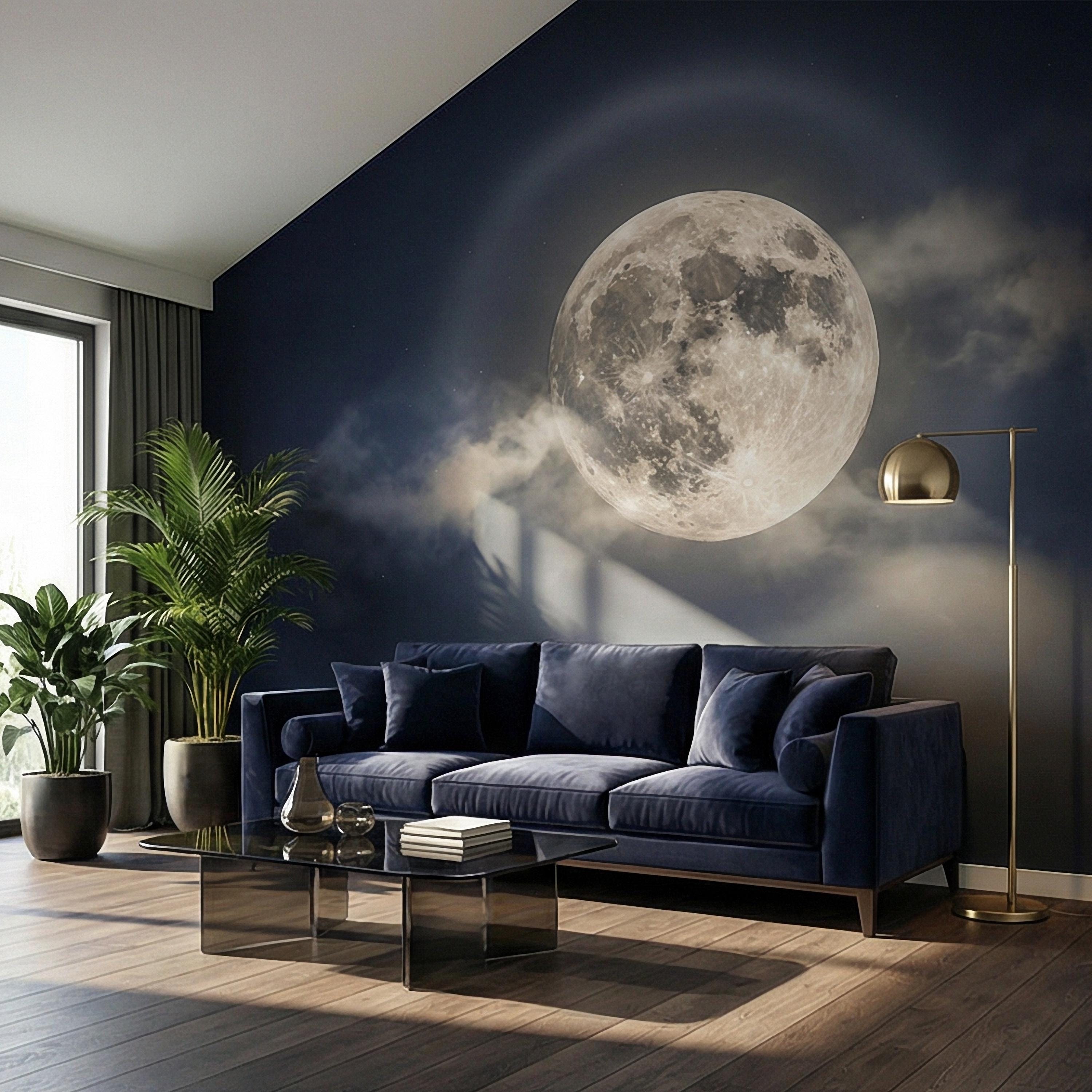 Full Moon Peel and Stick Wall Mural, Celestial Night Sky, Large Glowing Moon Cloudscape, Dark Cosmic Wallpaper