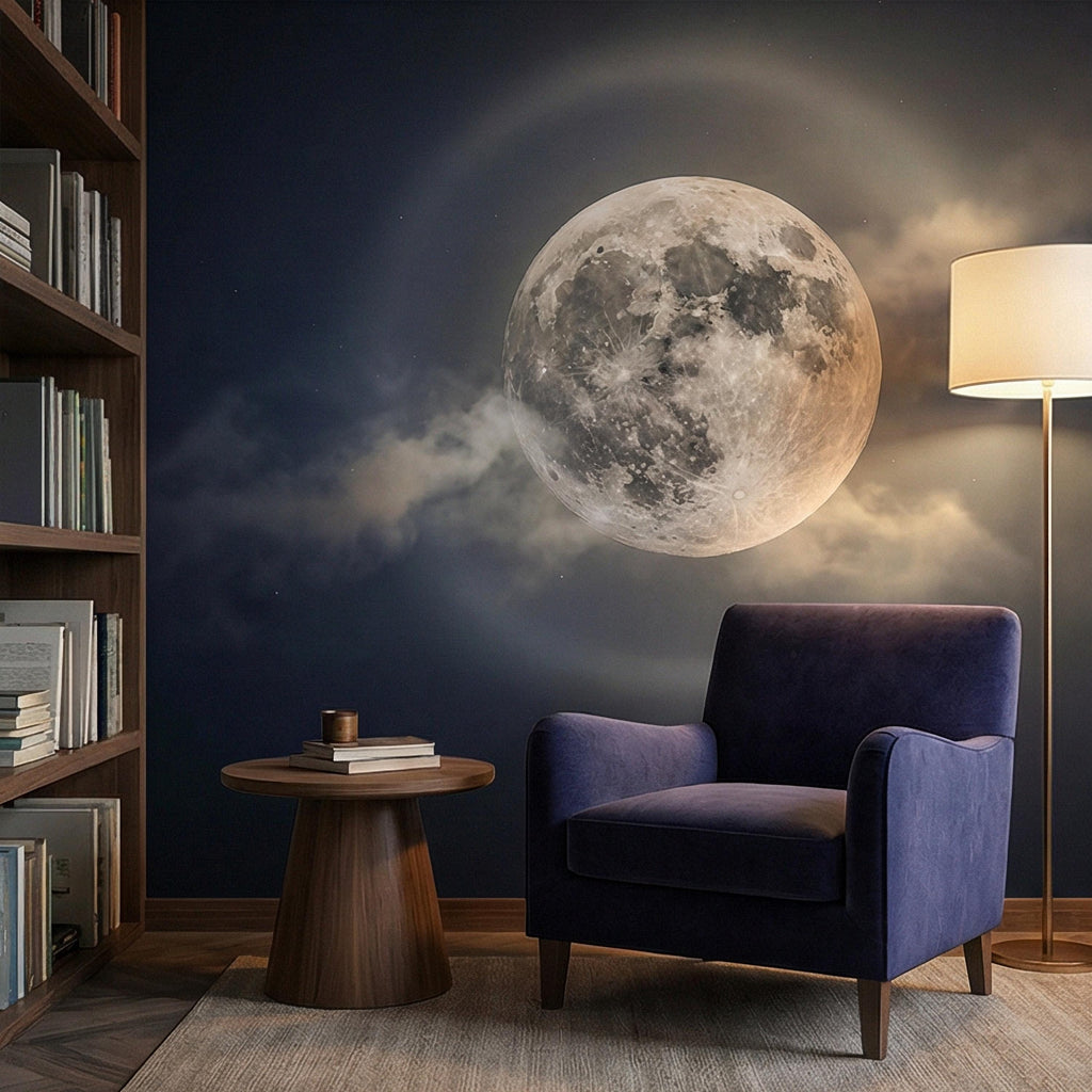Full Moon Peel and Stick Wall Mural, Celestial Night Sky, Large Glowing Moon Cloudscape, Dark Cosmic Wallpaper