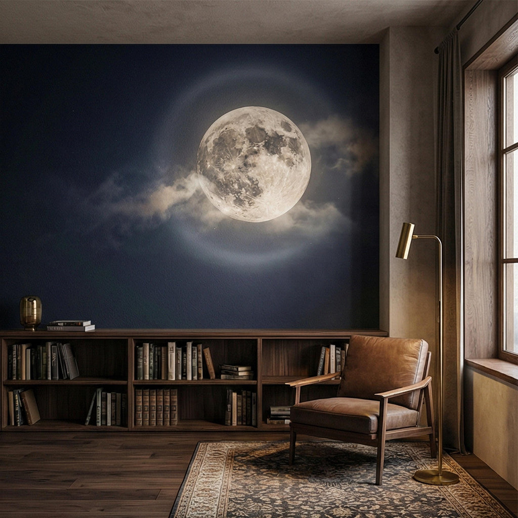 Full Moon Peel and Stick Wall Mural, Celestial Night Sky, Large Glowing Moon Cloudscape, Dark Cosmic Wallpaper