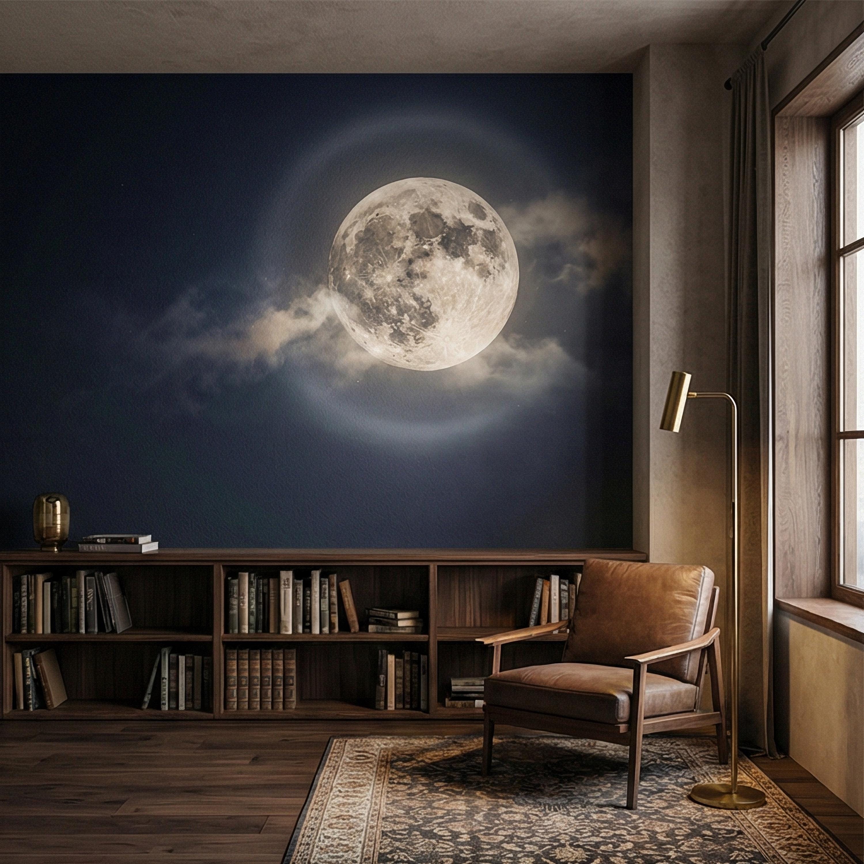 Full Moon Peel and Stick Wall Mural, Celestial Night Sky, Large Glowing Moon Cloudscape, Dark Cosmic Wallpaper