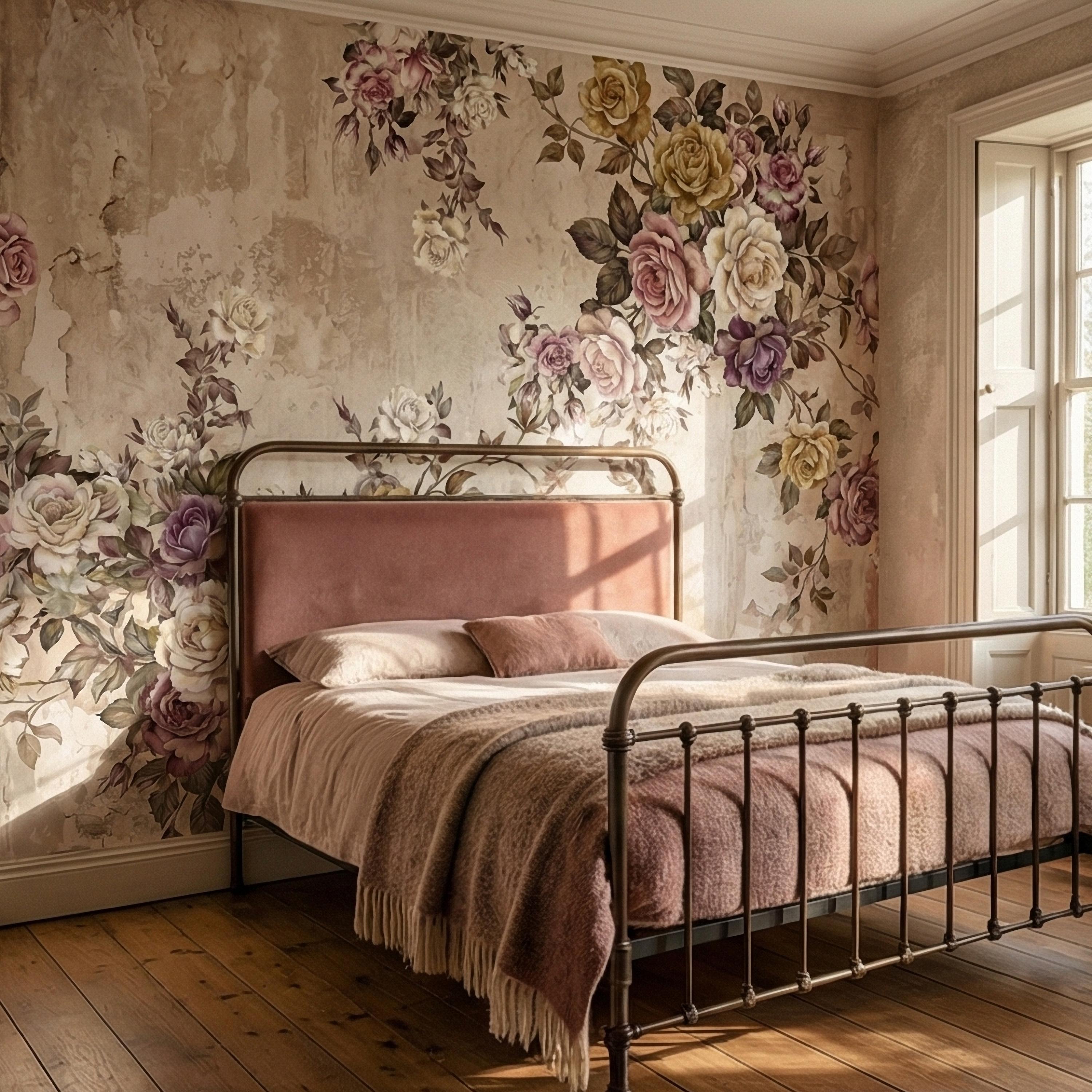 Vintage Rose Bouquet on Distressed Cream Wall Peel and Stick Wall Mural, Antique French Shabby Chic Floral, Victorian Roses Wallpaper