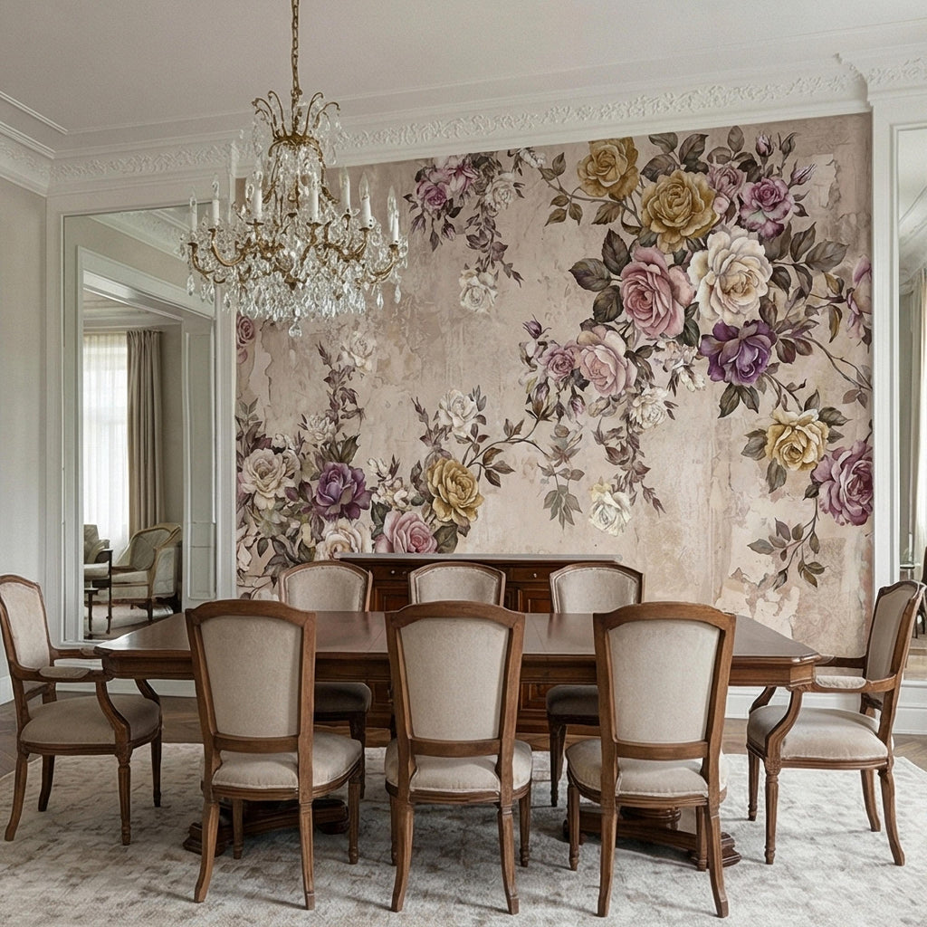 Vintage Rose Bouquet on Distressed Cream Wall Peel and Stick Wall Mural, Antique French Shabby Chic Floral, Victorian Roses Wallpaper