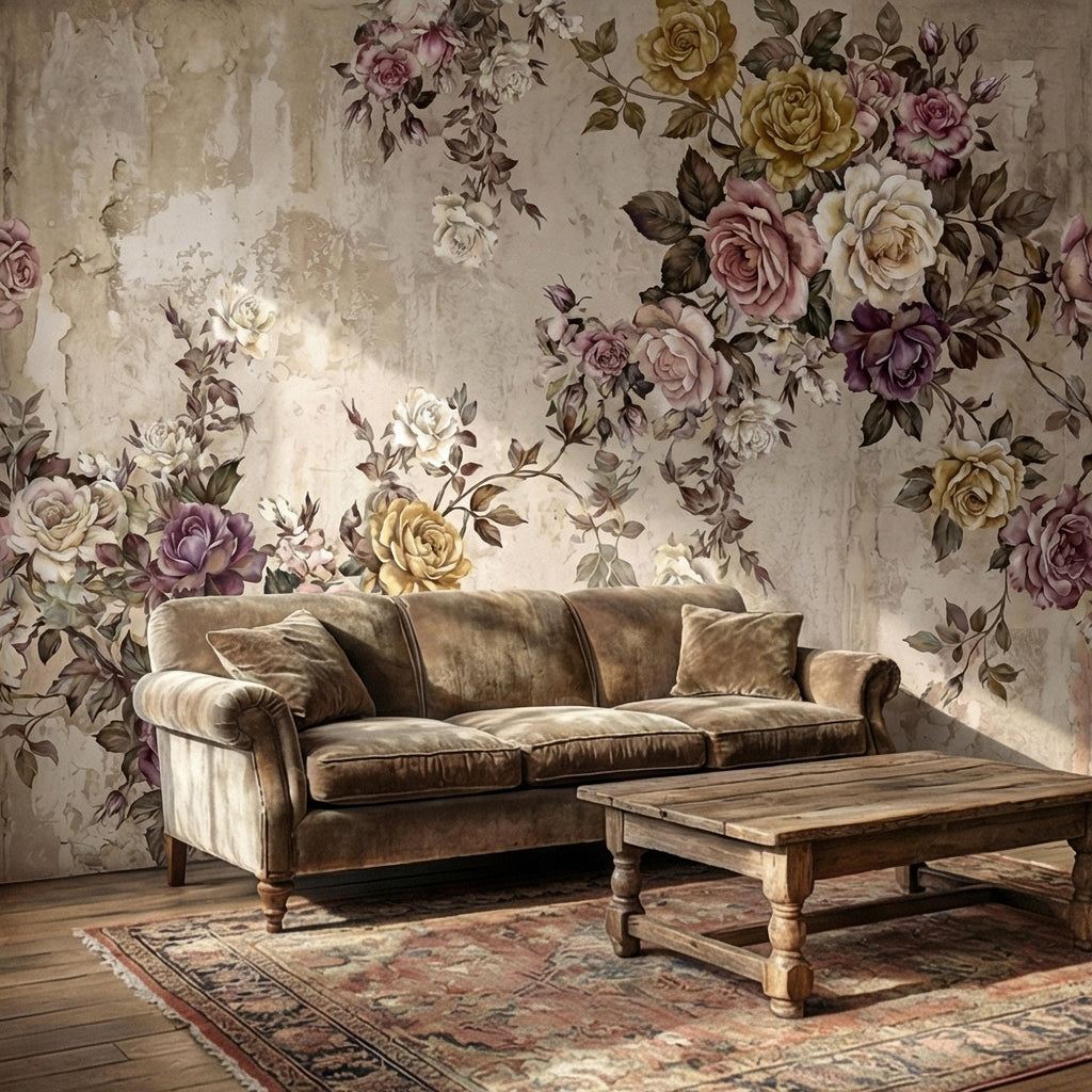 Vintage Rose Bouquet on Distressed Cream Wall Peel and Stick Wall Mural, Antique French Shabby Chic Floral, Victorian Roses Wallpaper