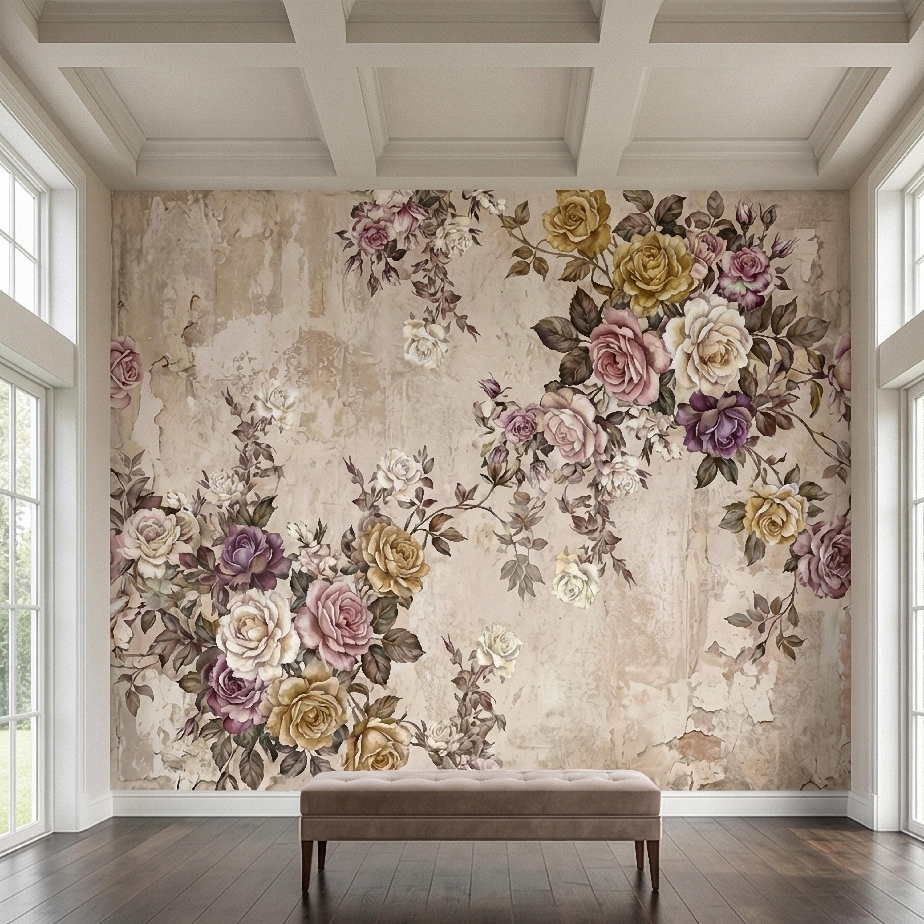Vintage Rose Bouquet on Distressed Cream Wall Peel and Stick Wall Mural, Antique French Shabby Chic Floral, Victorian Roses Wallpaper