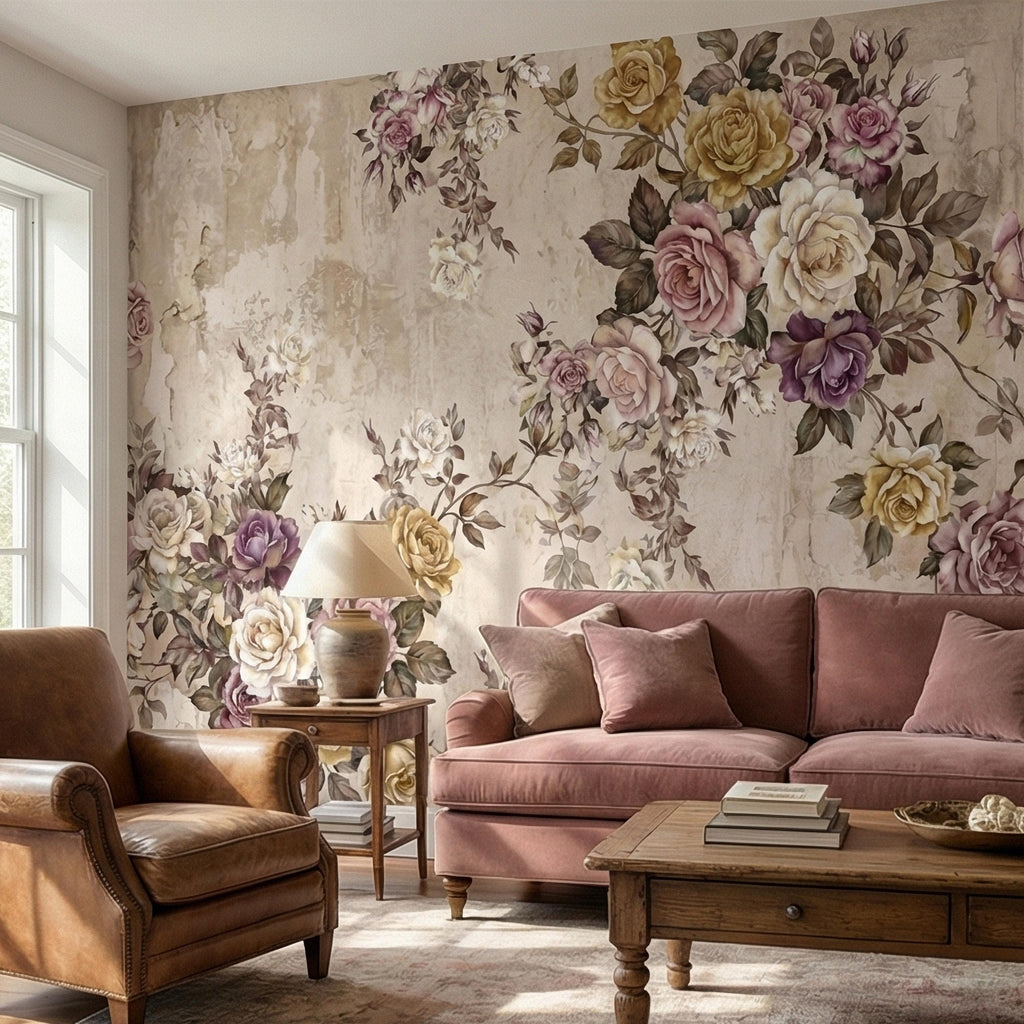 Vintage Rose Bouquet on Distressed Cream Wall Peel and Stick Wall Mural, Antique French Shabby Chic Floral, Victorian Roses Wallpaper