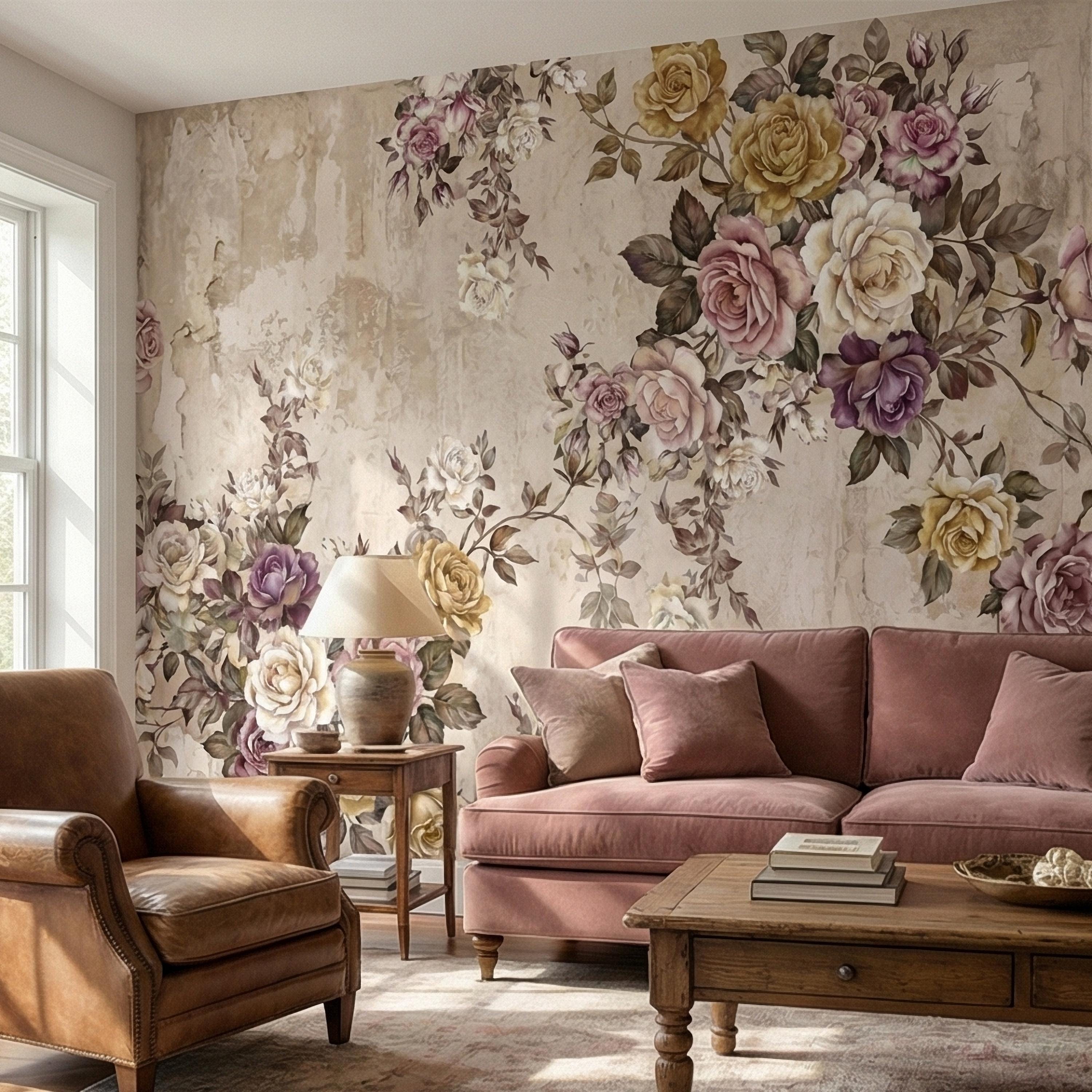 Vintage Rose Bouquet on Distressed Cream Wall Peel and Stick Wall Mural, Antique French Shabby Chic Floral, Victorian Roses Wallpaper