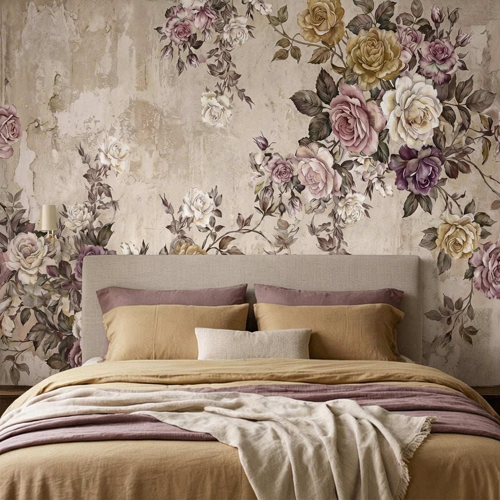 Vintage Rose Bouquet on Distressed Cream Wall Peel and Stick Wall Mural, Antique French Shabby Chic Floral, Victorian Roses Wallpaper