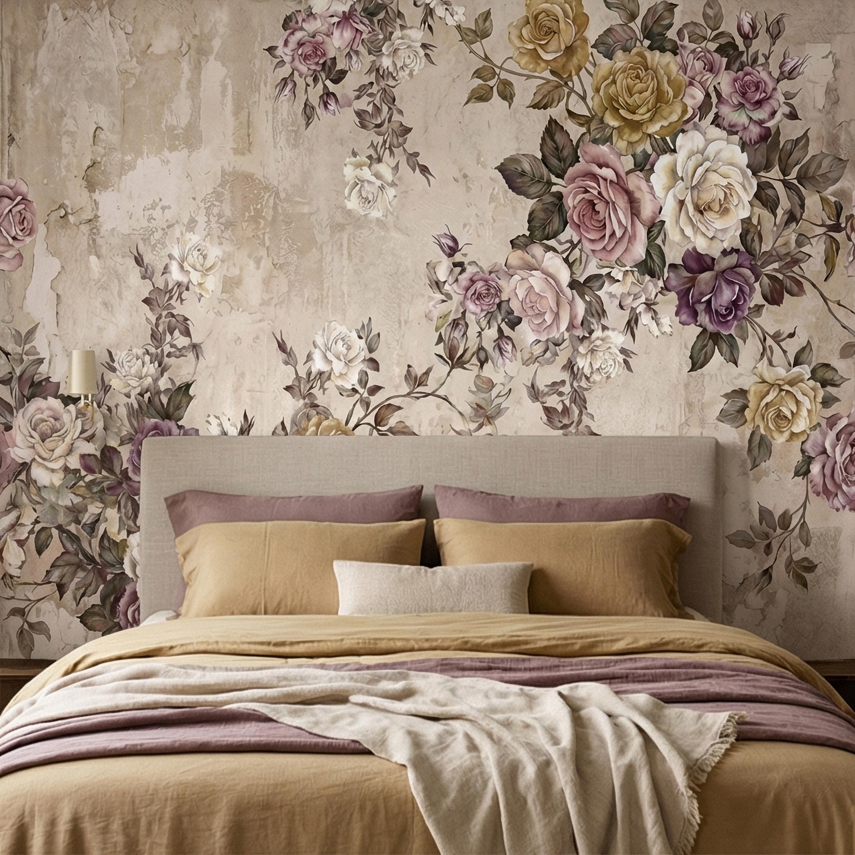 Vintage Rose Bouquet on Distressed Cream Wall Peel and Stick Wall Mural, Antique French Shabby Chic Floral, Victorian Roses Wallpaper