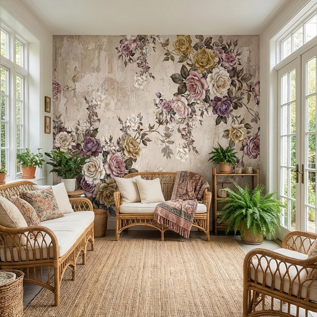 Vintage Rose Bouquet on Distressed Cream Wall Peel and Stick Wall Mural, Antique French Shabby Chic Floral, Victorian Roses Wallpaper