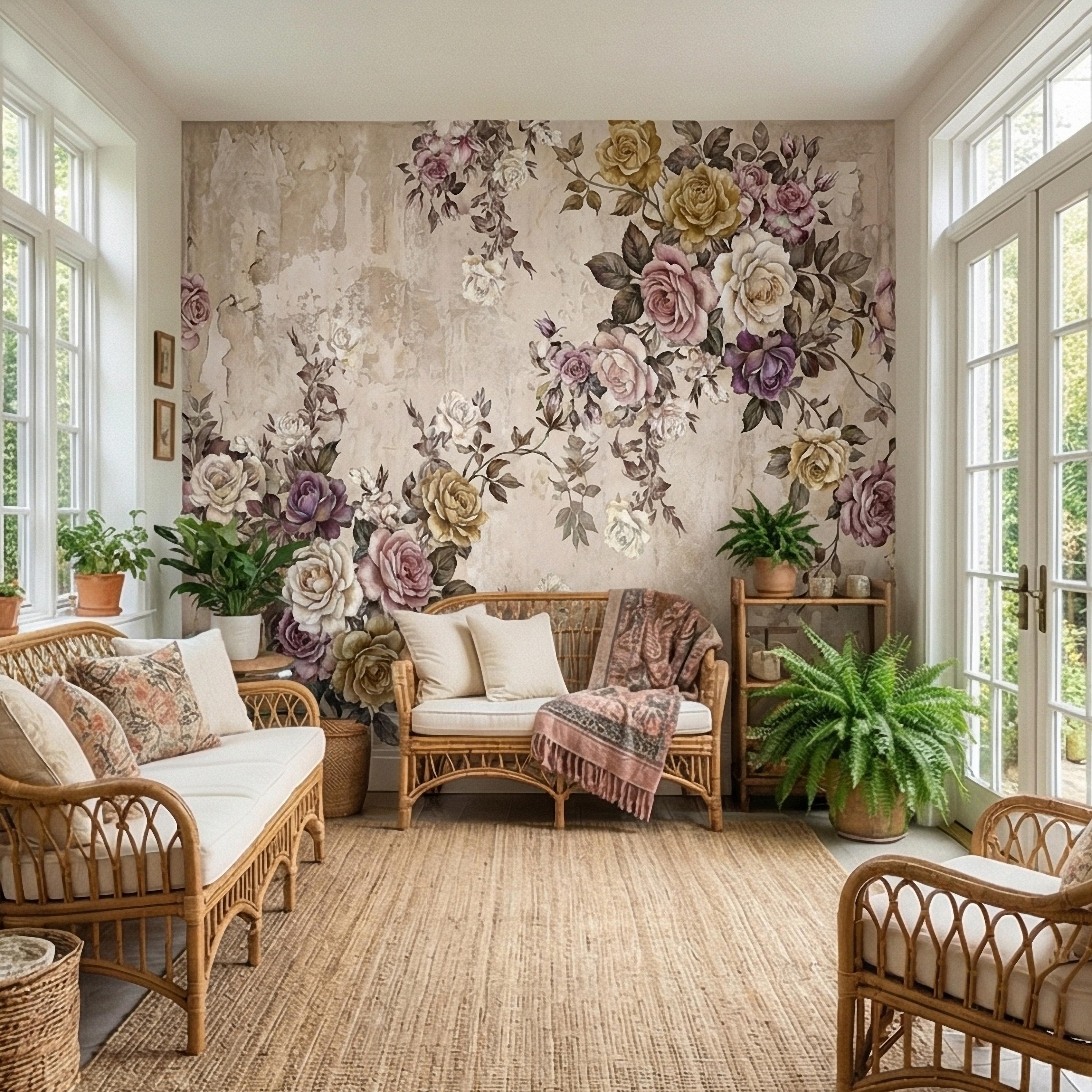 Vintage Rose Bouquet on Distressed Cream Wall Peel and Stick Wall Mural, Antique French Shabby Chic Floral, Victorian Roses Wallpaper