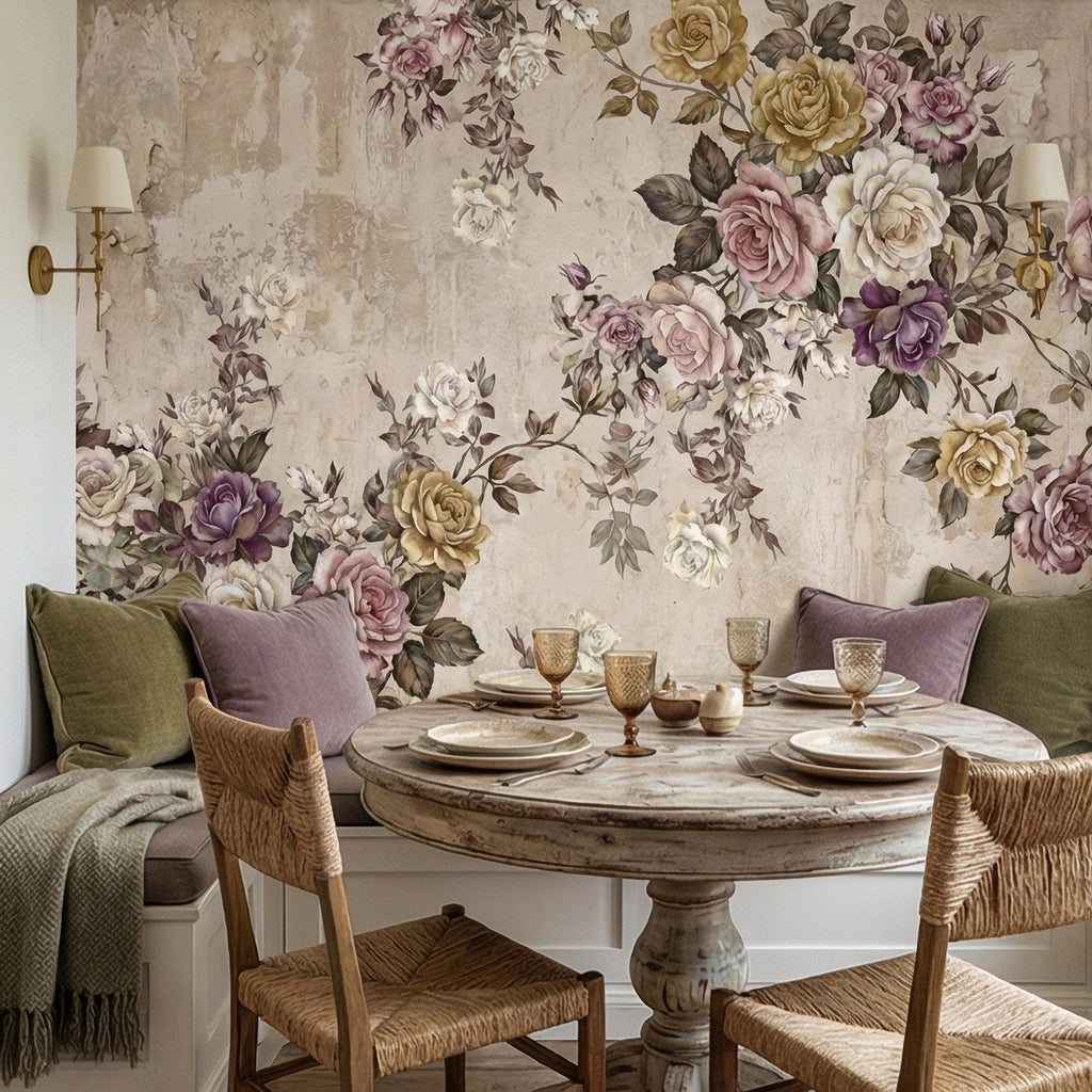 Vintage Rose Bouquet on Distressed Cream Wall Peel and Stick Wall Mural, Antique French Shabby Chic Floral, Victorian Roses Wallpaper