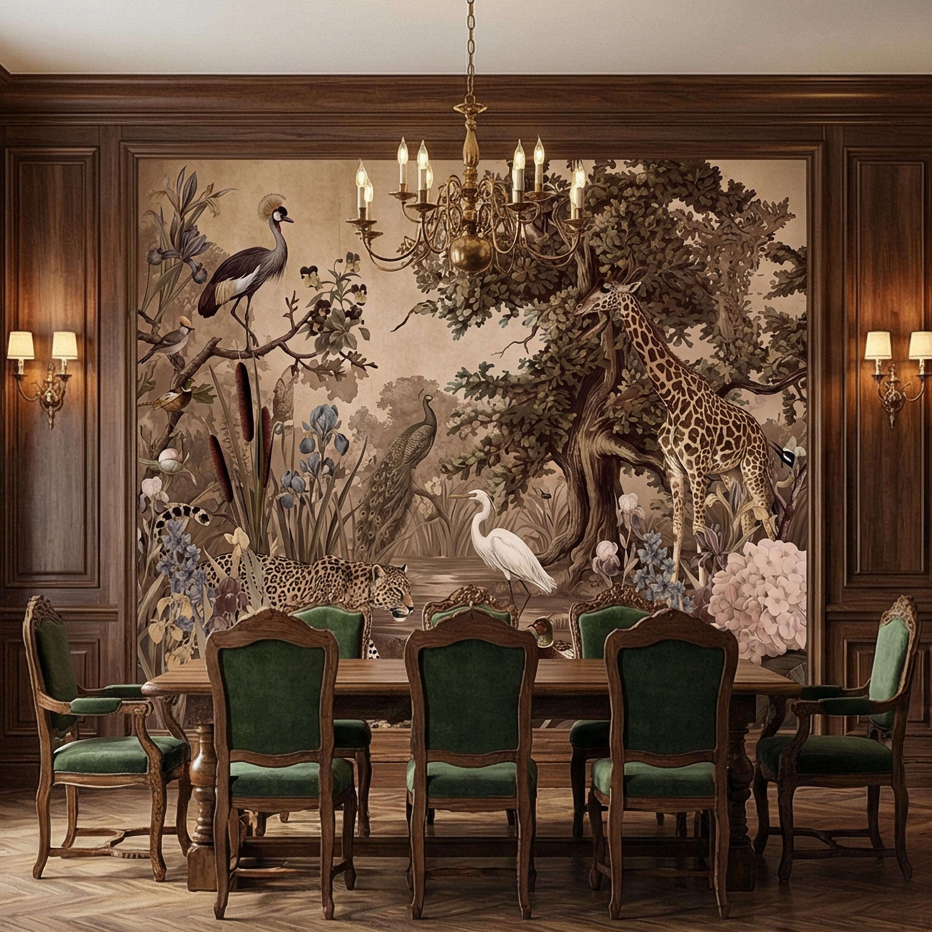 Vintage Safari Peel and Stick Wall Mural, Neutral Exotic Wildlife Botanical, Antique Nature Wallpaper