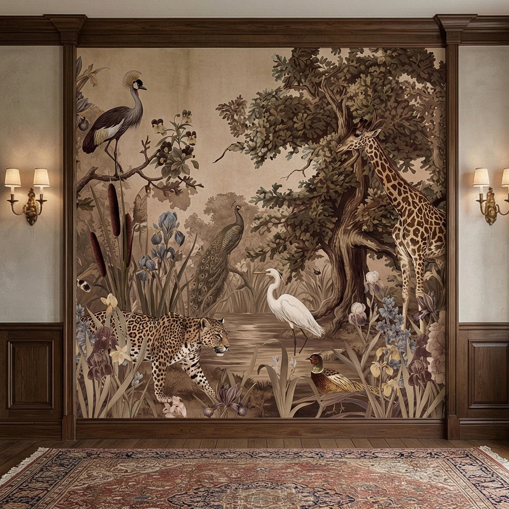 Vintage Safari Peel and Stick Wall Mural, Neutral Exotic Wildlife Botanical, Antique Nature Wallpaper