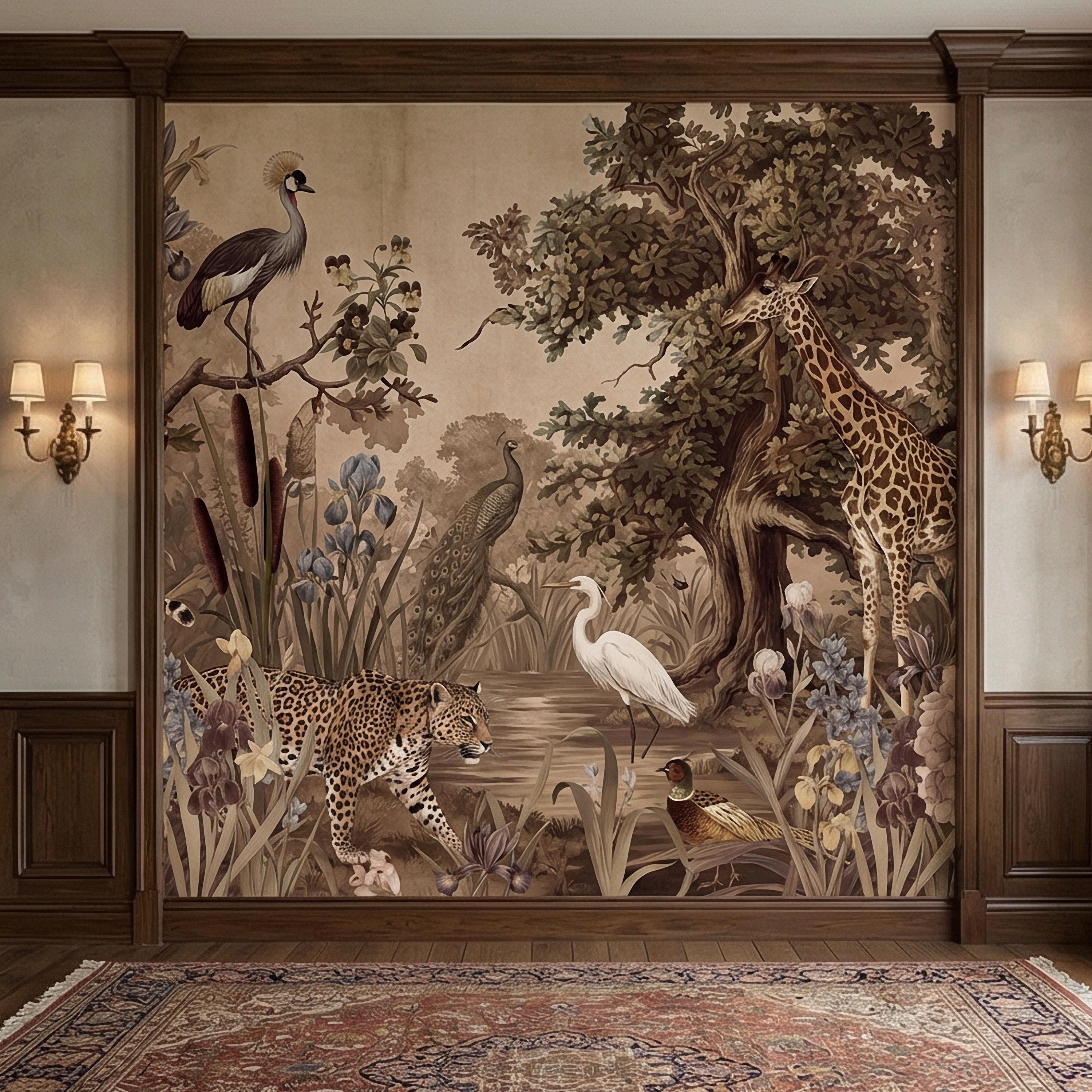 Vintage Safari Peel and Stick Wall Mural, Neutral Exotic Wildlife Botanical, Antique Nature Wallpaper