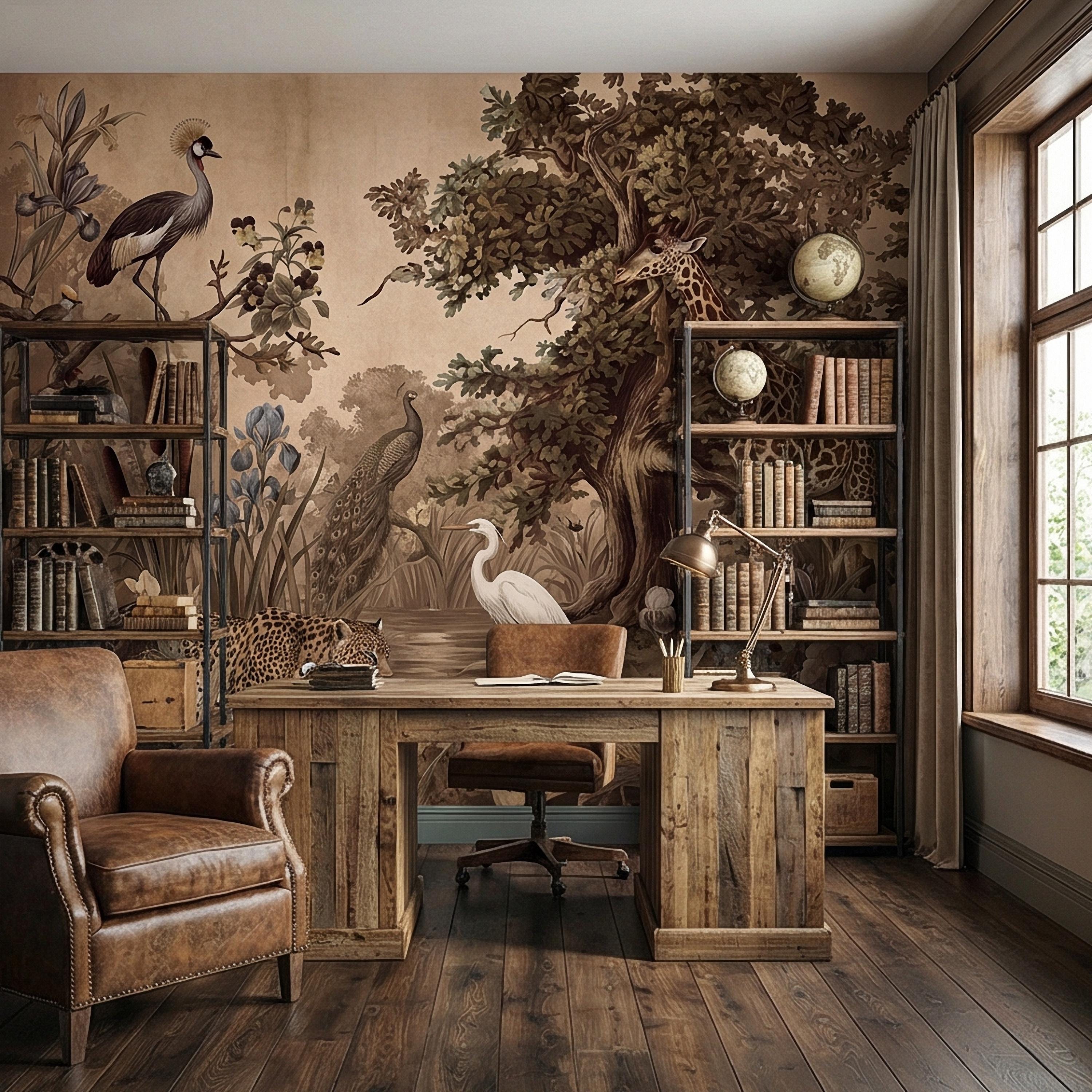 Vintage Safari Peel and Stick Wall Mural, Neutral Exotic Wildlife Botanical, Antique Nature Wallpaper