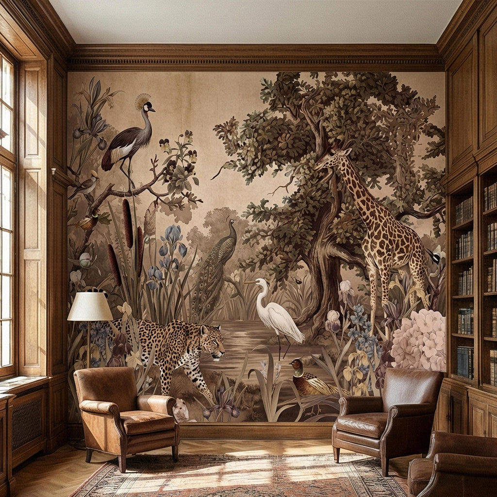Vintage Safari Peel and Stick Wall Mural, Neutral Exotic Wildlife Botanical, Antique Nature Wallpaper