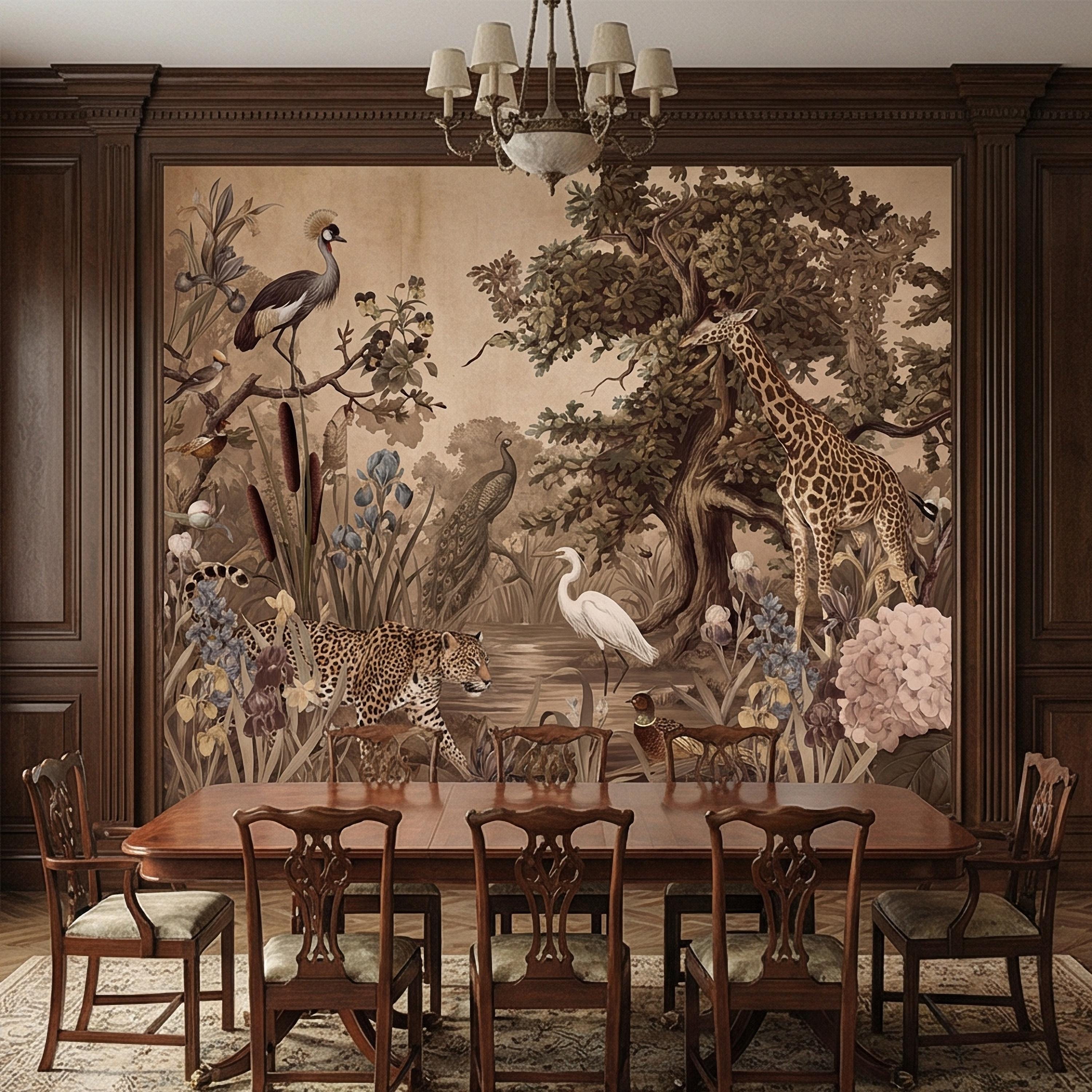 Vintage Safari Peel and Stick Wall Mural, Neutral Exotic Wildlife Botanical, Antique Nature Wallpaper