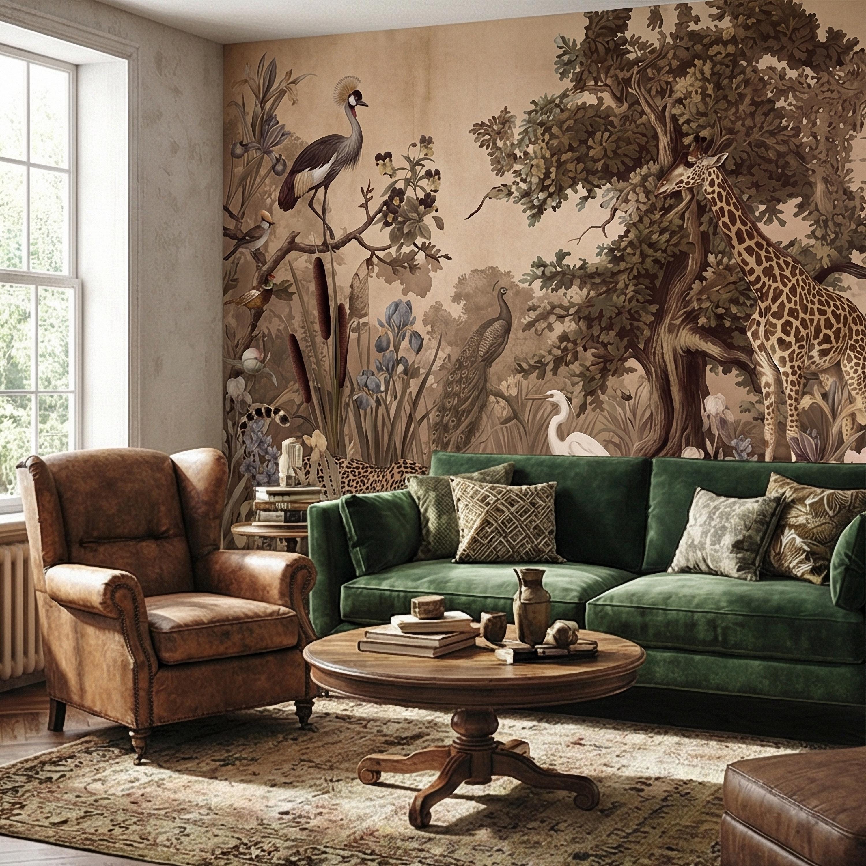 Vintage Safari Peel and Stick Wall Mural, Neutral Exotic Wildlife Botanical, Antique Nature Wallpaper