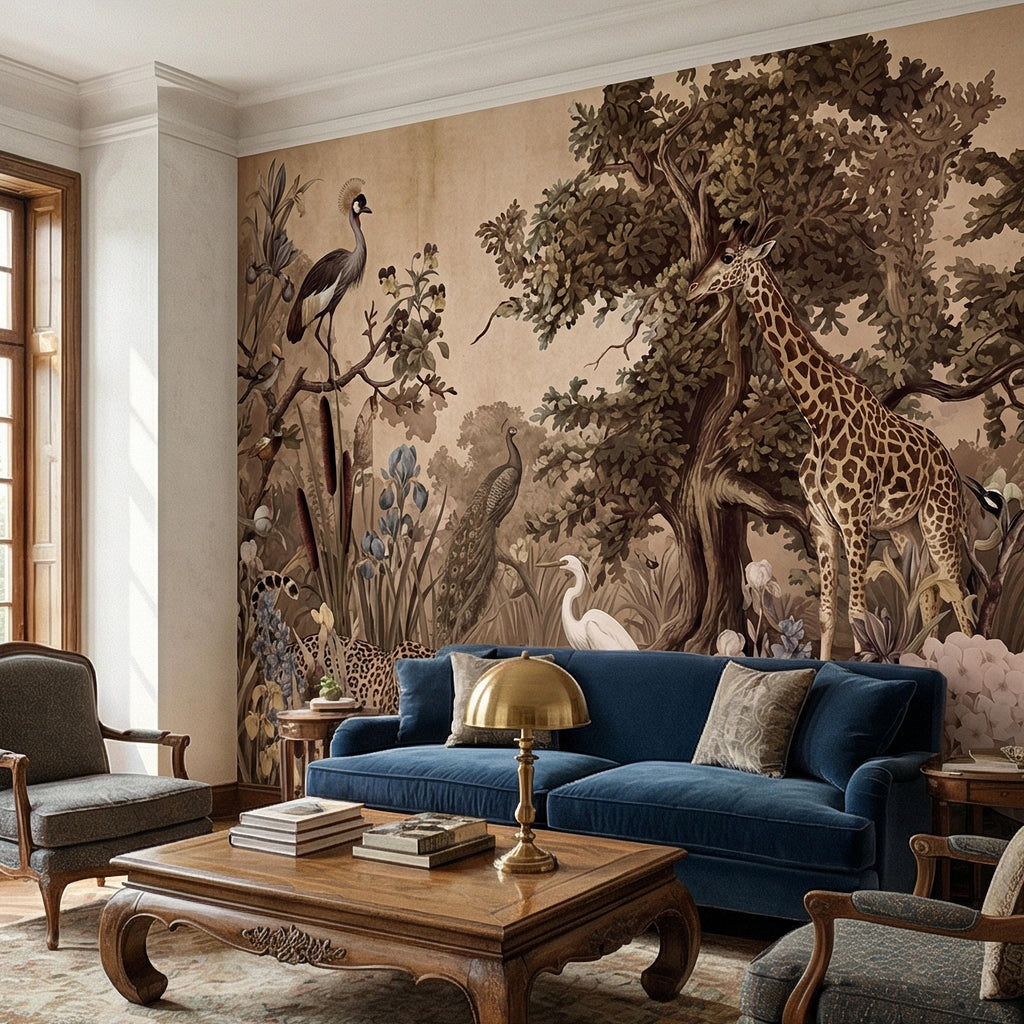 Vintage Safari Peel and Stick Wall Mural, Neutral Exotic Wildlife Botanical, Antique Nature Wallpaper