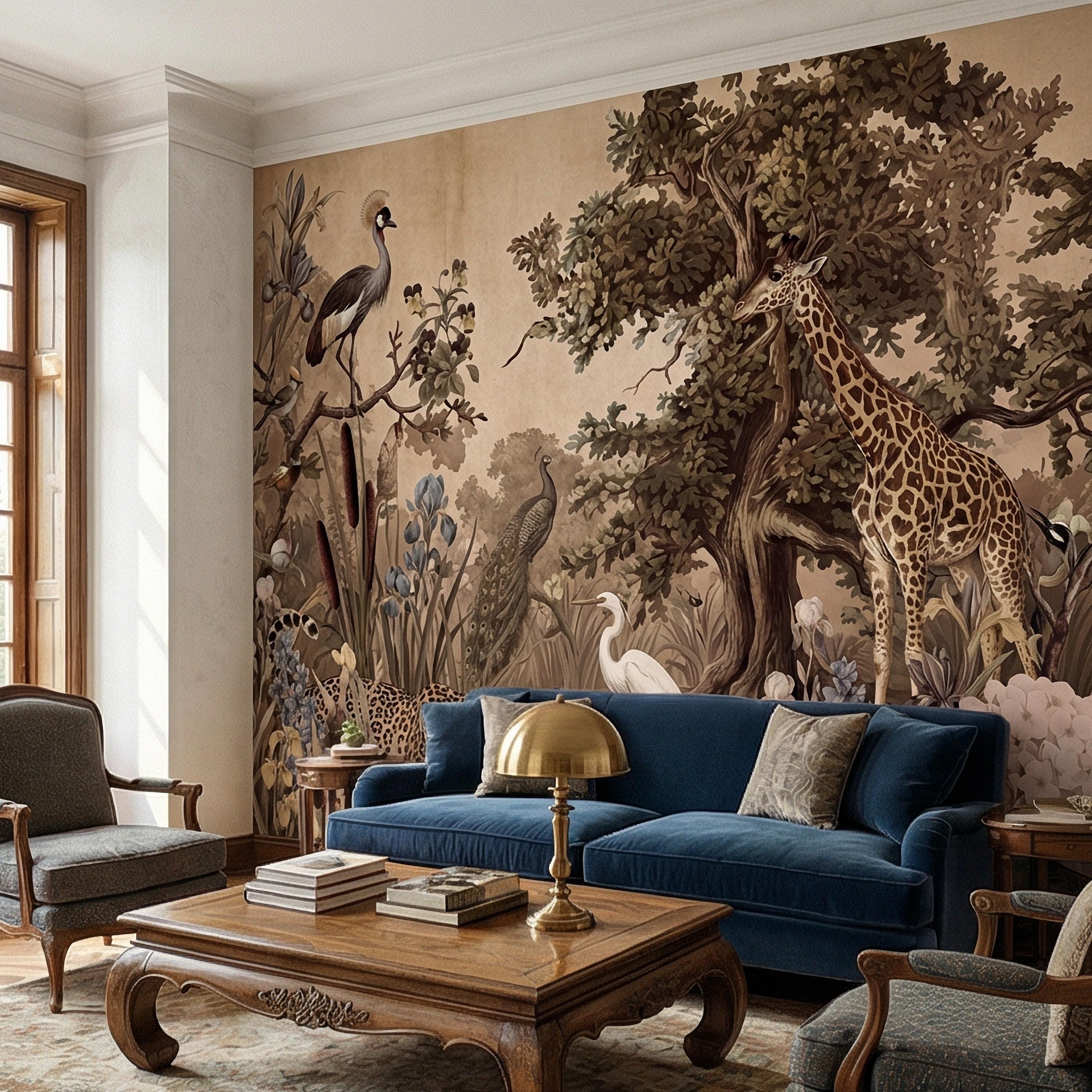 Vintage Safari Peel and Stick Wall Mural, Neutral Exotic Wildlife Botanical, Antique Nature Wallpaper