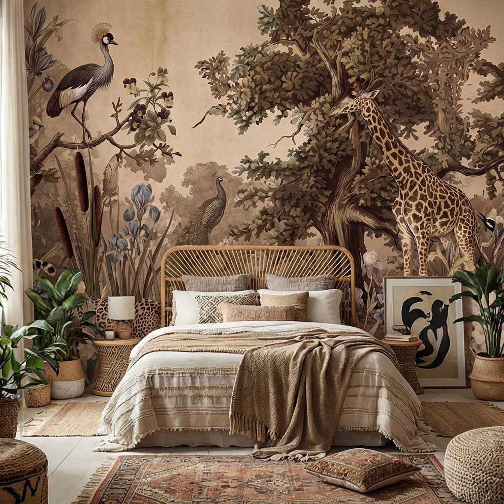Vintage Safari Peel and Stick Wall Mural, Neutral Exotic Wildlife Botanical, Antique Nature Wallpaper