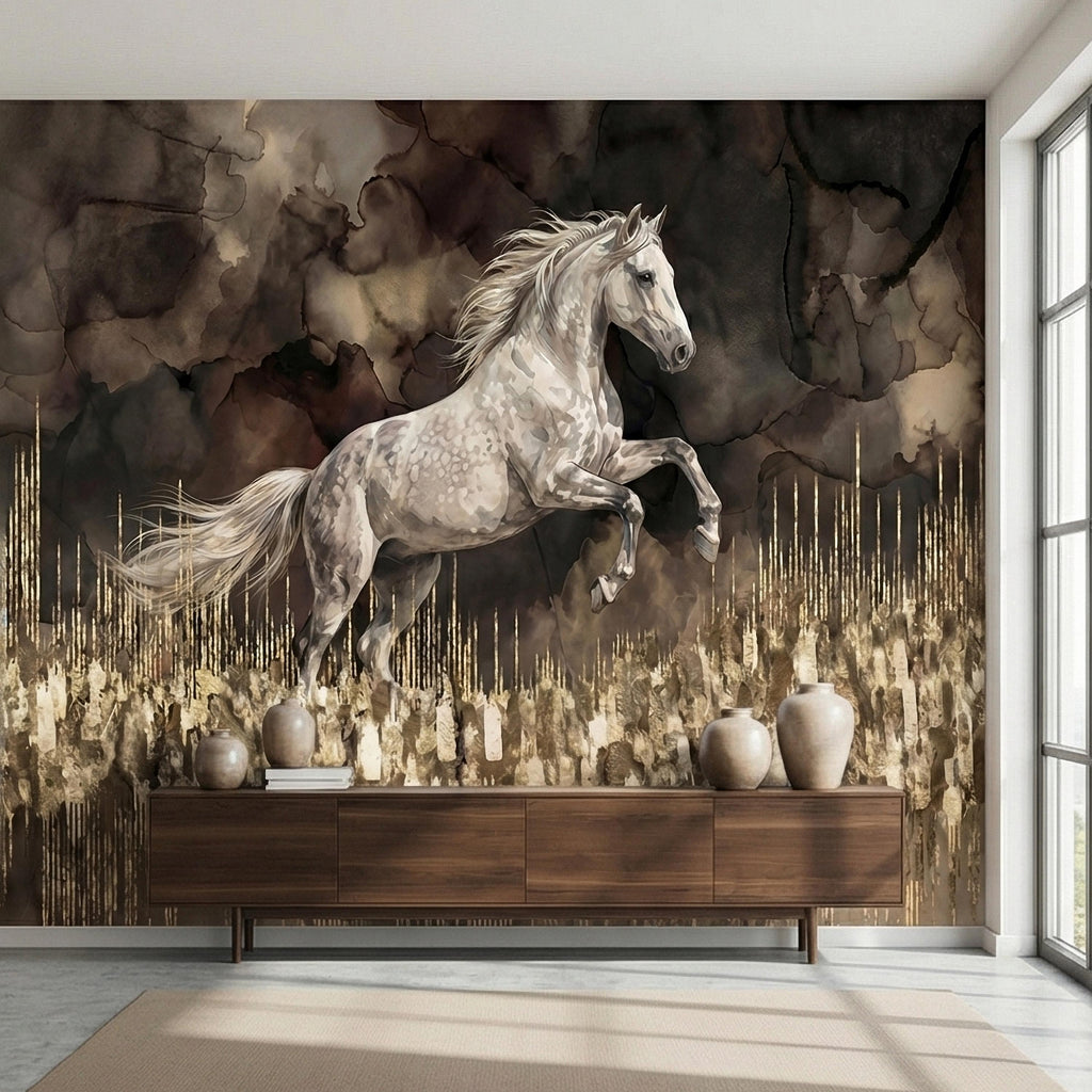 White Stallion Horse on Dark Moody Sepia Gilded Watercolor Peel and Stick Wall Mural, Equestrian Abstract Ink Wash Gold Look Drip Wallpaper