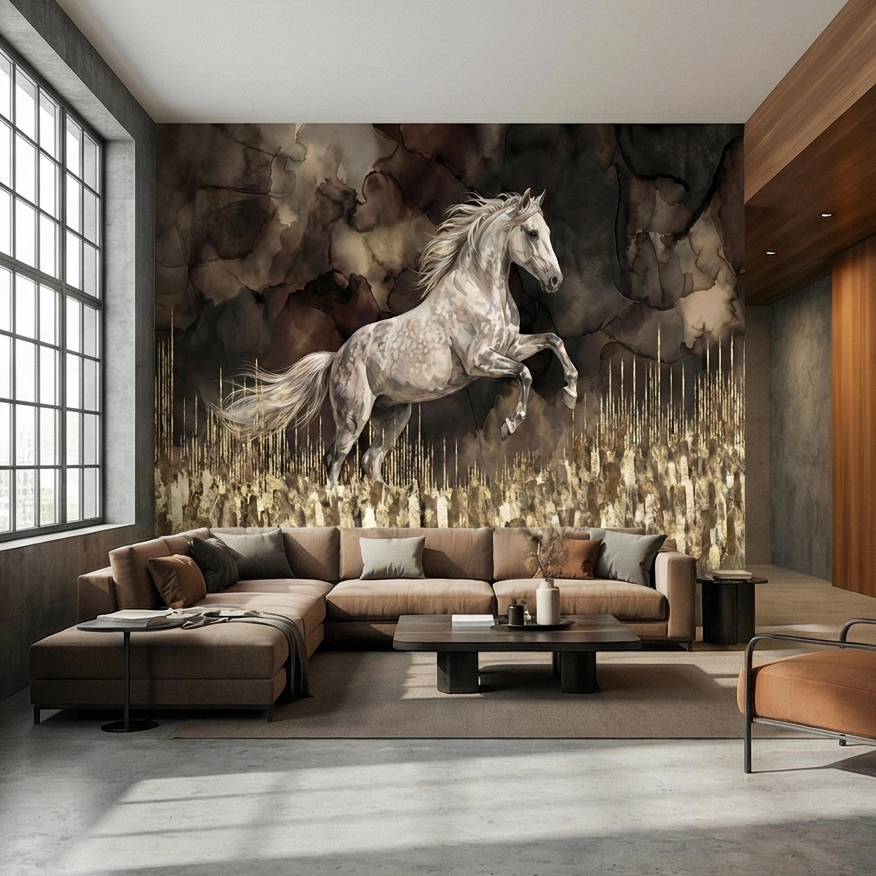 White Stallion Horse on Dark Moody Sepia Gilded Watercolor Peel and Stick Wall Mural, Equestrian Abstract Ink Wash Gold Look Drip Wallpaper