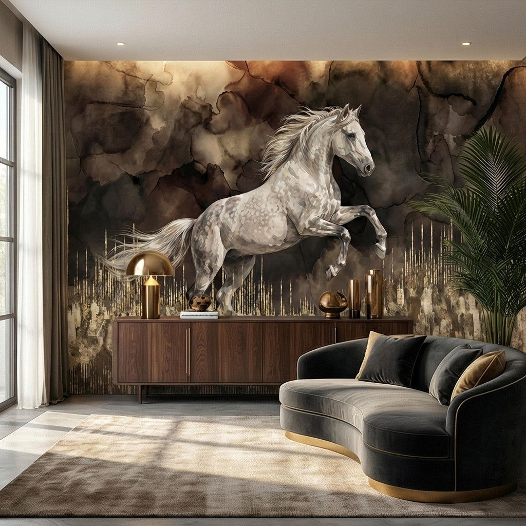 White Stallion Horse on Dark Moody Sepia Gilded Watercolor Peel and Stick Wall Mural, Equestrian Abstract Ink Wash Gold Look Drip Wallpaper