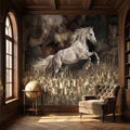 White Stallion Horse on Dark Moody Sepia Gilded Watercolor Peel and Stick Wall Mural, Equestrian Abstract Ink Wash Gold Look Drip Wallpaper