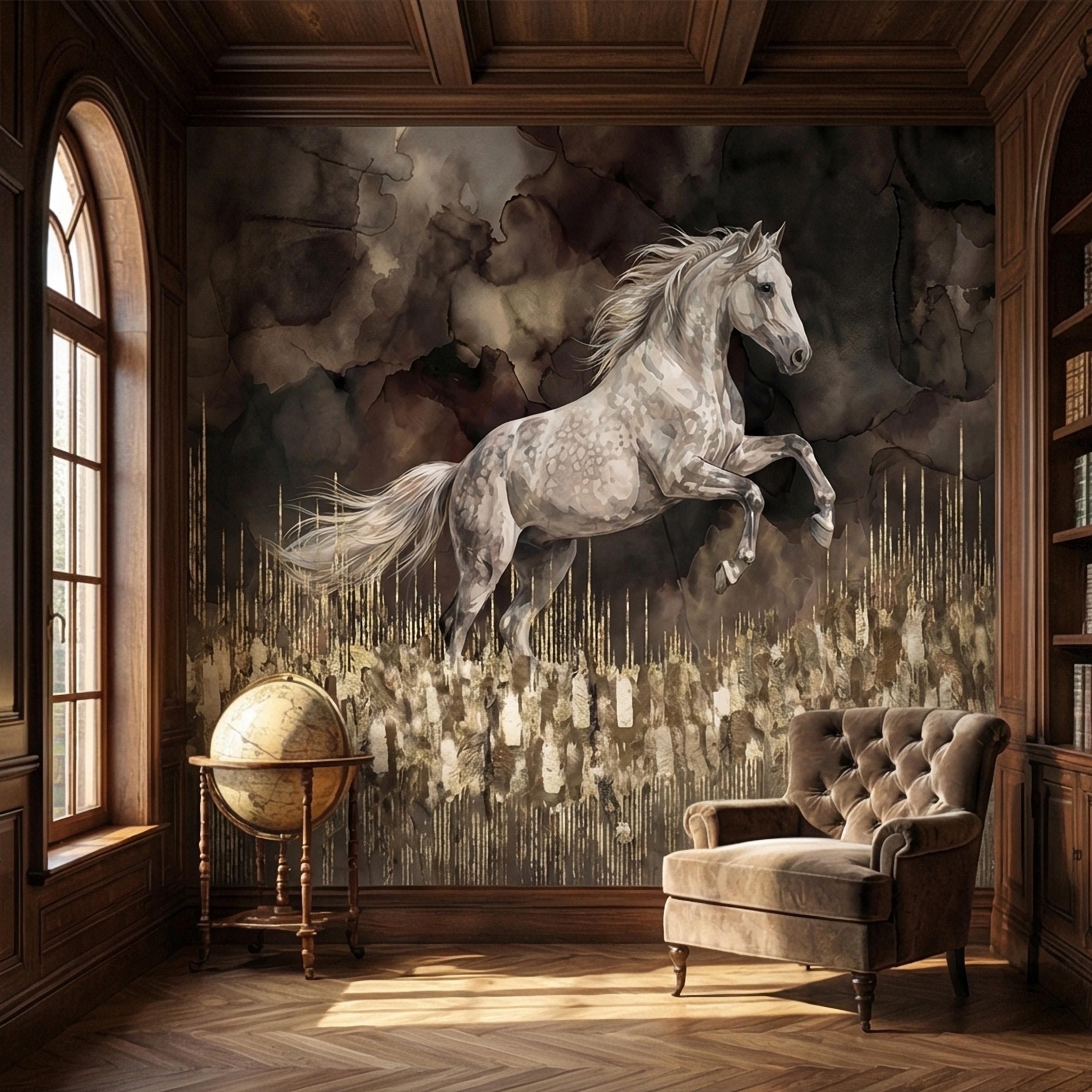 White Stallion Horse on Dark Moody Sepia Gilded Watercolor Peel and Stick Wall Mural, Equestrian Abstract Ink Wash Gold Look Drip Wallpaper