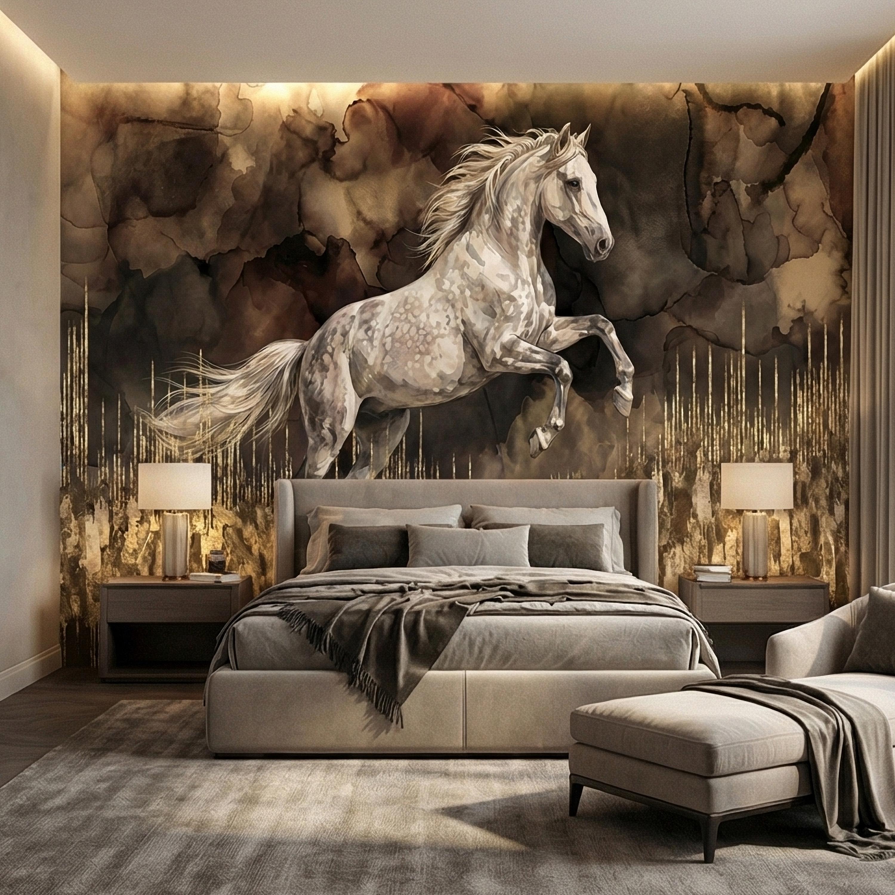 White Stallion Horse on Dark Moody Sepia Gilded Watercolor Peel and Stick Wall Mural, Equestrian Abstract Ink Wash Gold Look Drip Wallpaper