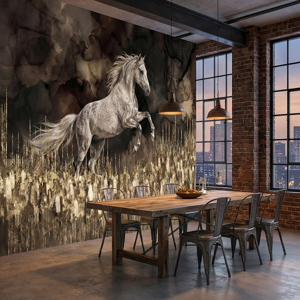 White Stallion Horse on Dark Moody Sepia Gilded Watercolor Peel and Stick Wall Mural, Equestrian Abstract Ink Wash Gold Look Drip Wallpaper
