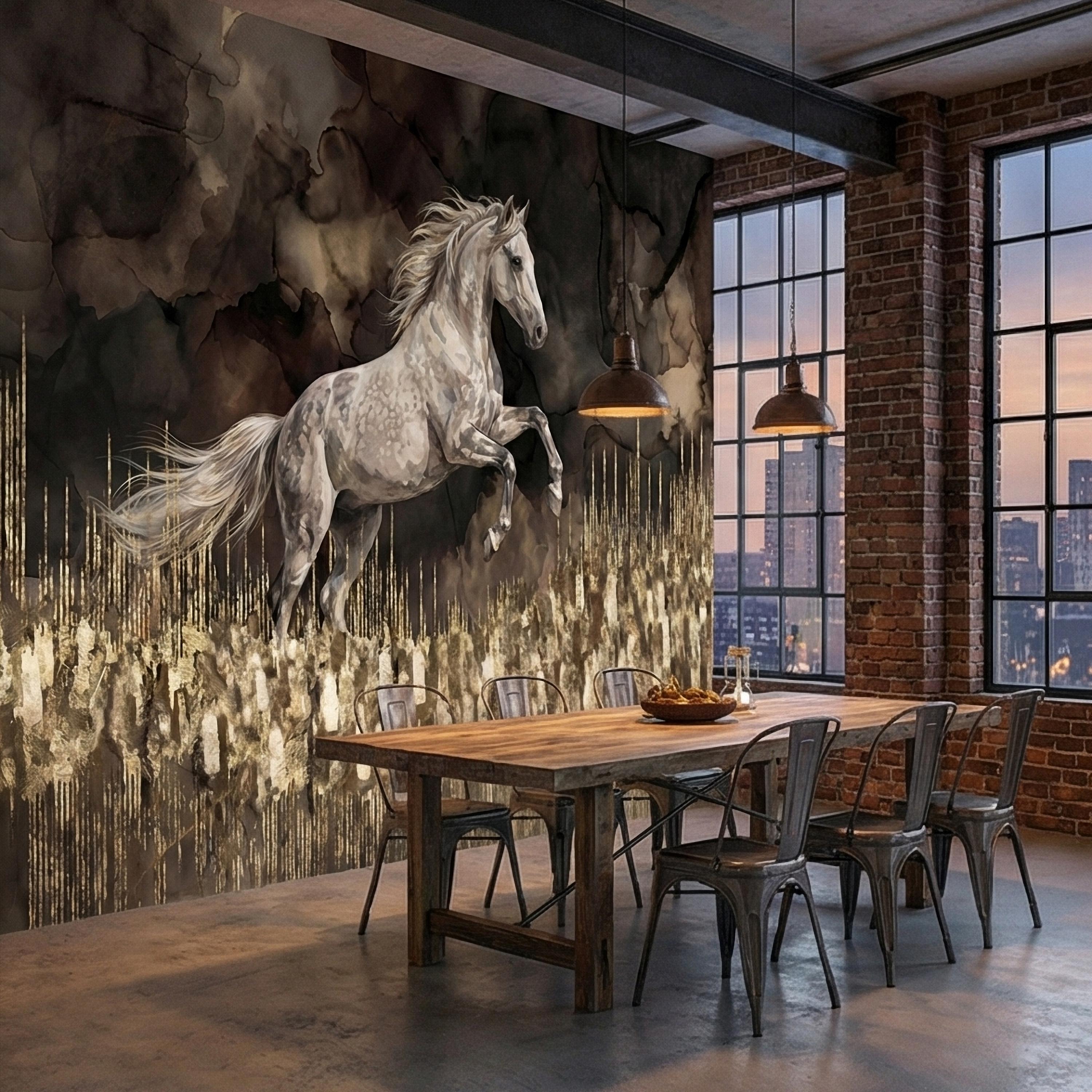 White Stallion Horse on Dark Moody Sepia Gilded Watercolor Peel and Stick Wall Mural, Equestrian Abstract Ink Wash Gold Look Drip Wallpaper