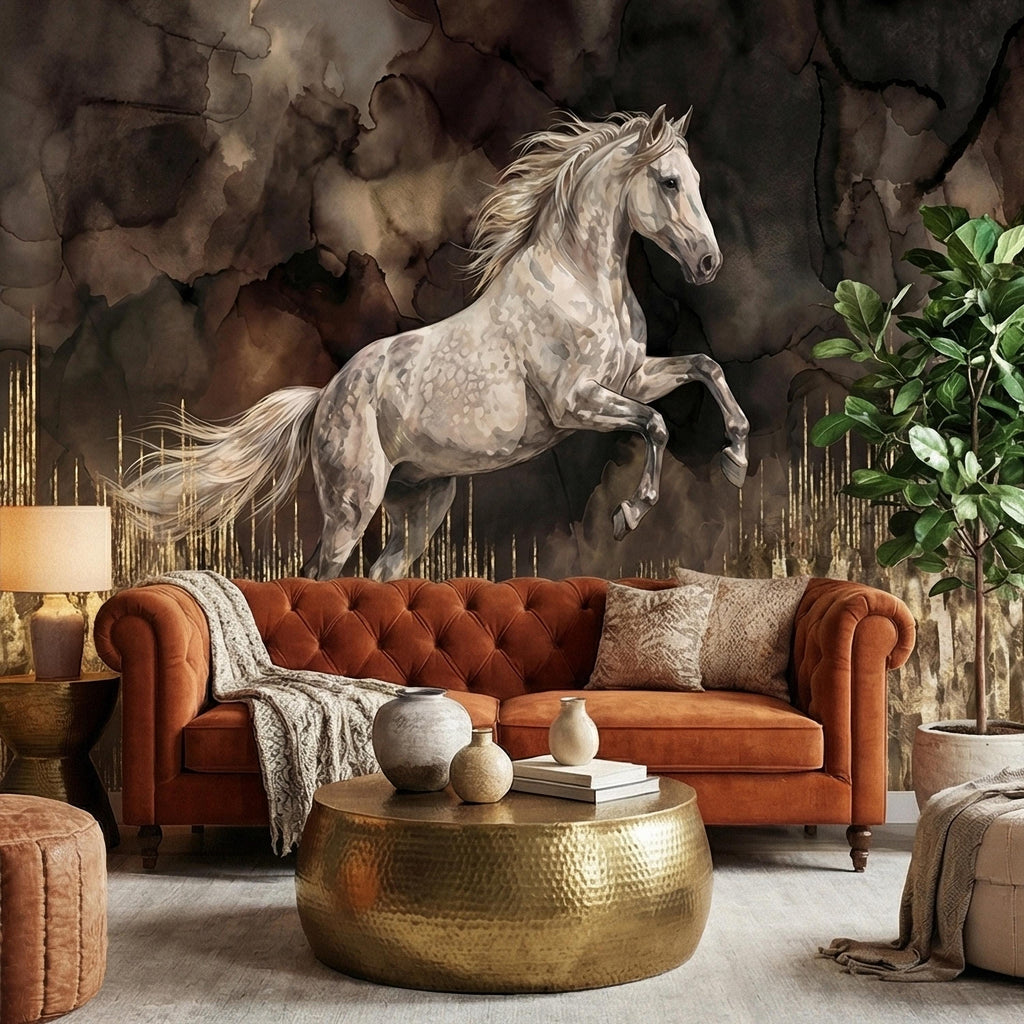 White Stallion Horse on Dark Moody Sepia Gilded Watercolor Peel and Stick Wall Mural, Equestrian Abstract Ink Wash Gold Look Drip Wallpaper