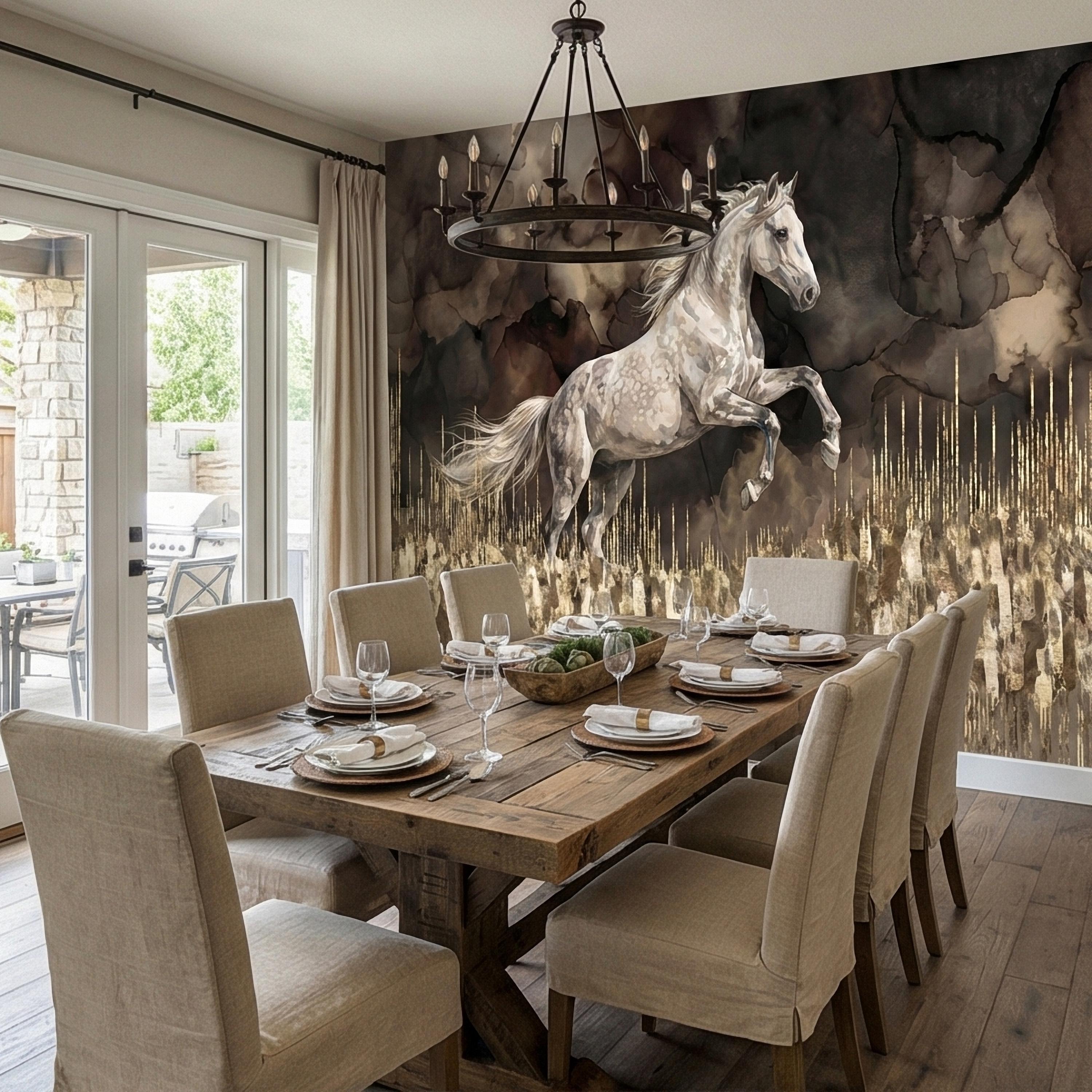 White Stallion Horse on Dark Moody Sepia Gilded Watercolor Peel and Stick Wall Mural, Equestrian Abstract Ink Wash Gold Look Drip Wallpaper