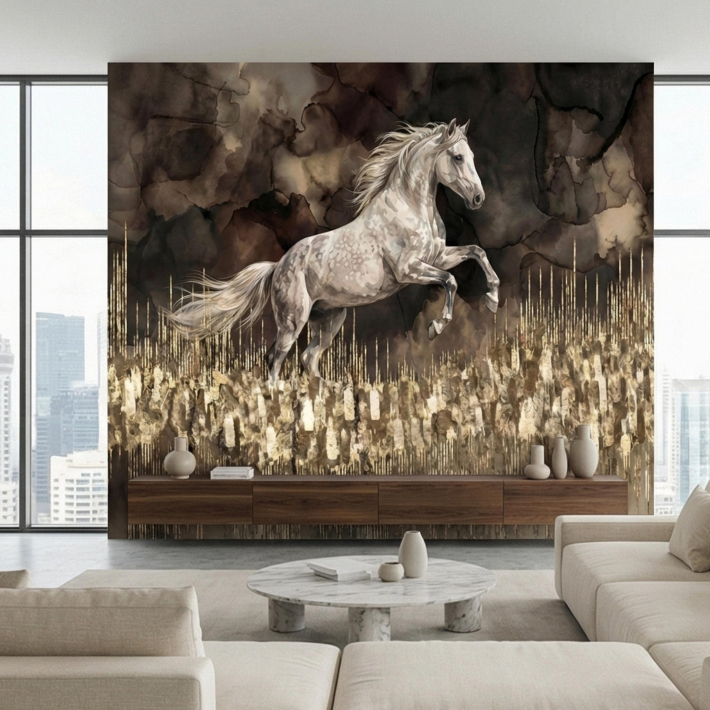 White Stallion Horse on Dark Moody Sepia Gilded Watercolor Peel and Stick Wall Mural, Equestrian Abstract Ink Wash Gold Look Drip Wallpaper